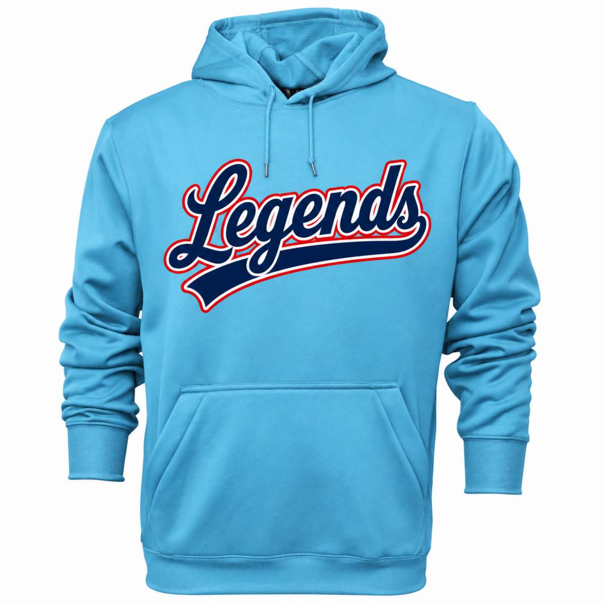 A light blue pullover hoodie with a large 'Legends' graphic across the chest in navy blue with a red outline, shown on a plain white background.