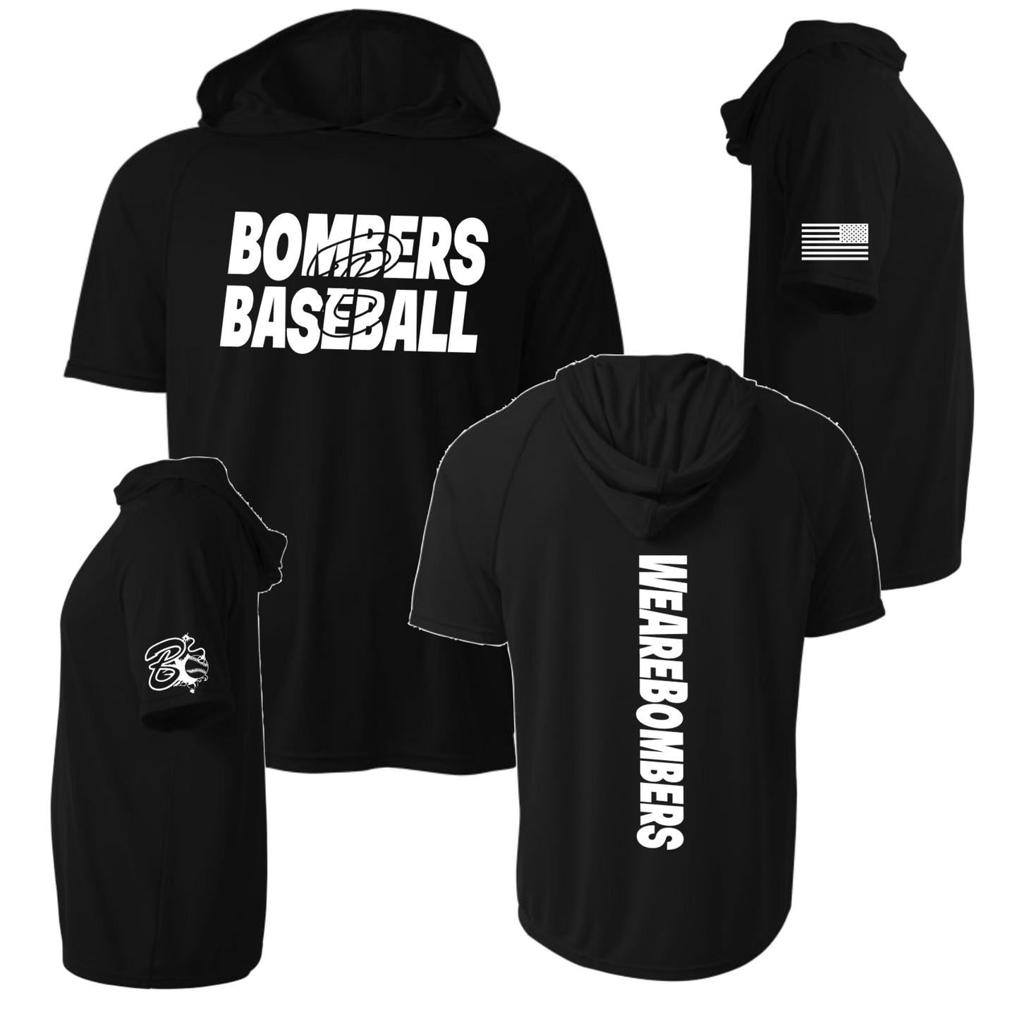 A black hooded tee with 'BOMBERs BASEBALL' printed on the front, along with the text 'WE ARE BOMBERs' on the back and an additional logo on the left sleeve.