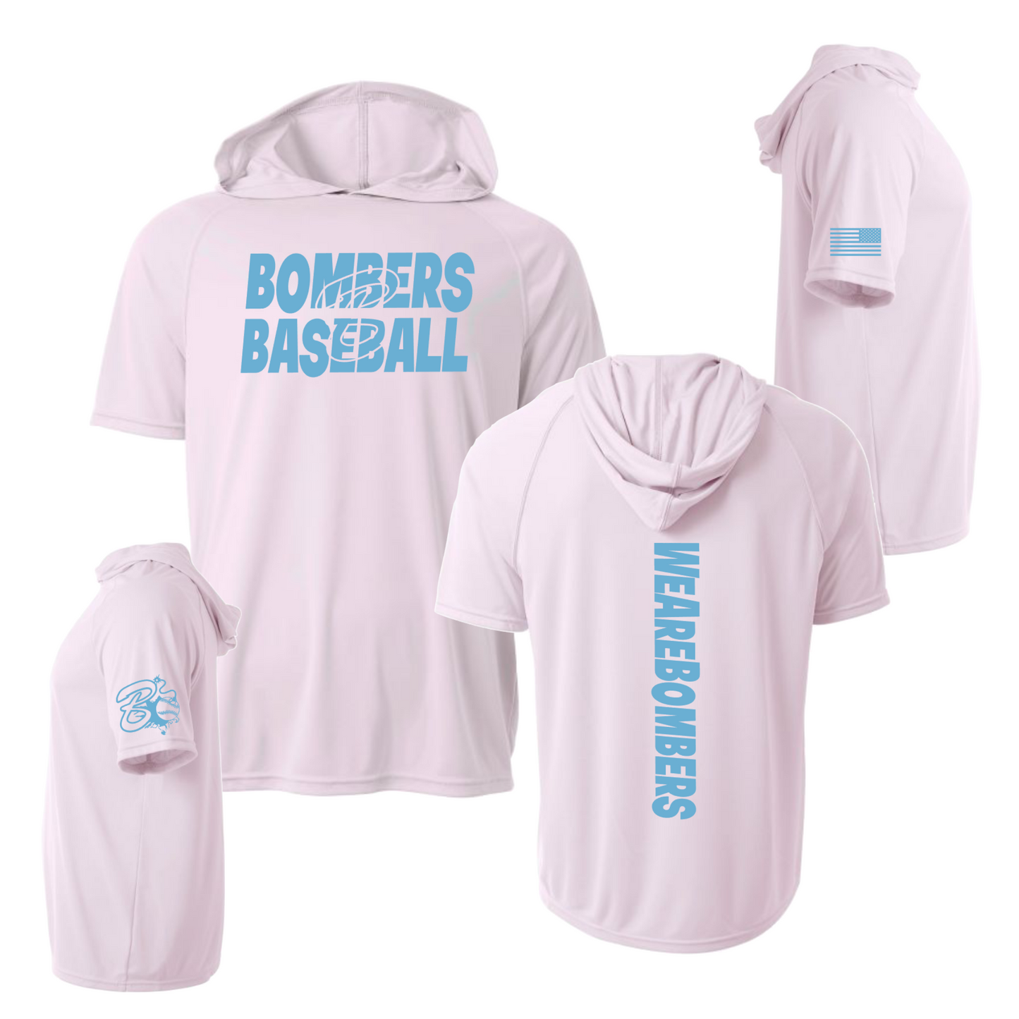 A white hooded t-shirt with 'BOMBERs BASEBALL' printed on the front and 'WE ARE BOMBERs' on the back in blue text.
