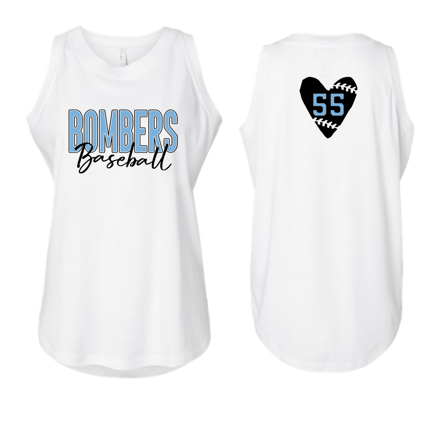 A white baseball tank top with 'BOMBERs Baseball' text and a heart-shaped number '55' on the back.