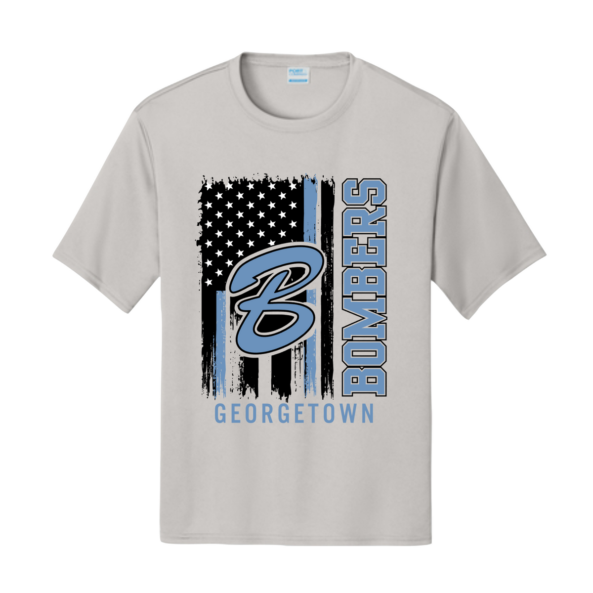 A light gray crewneck t-shirt featuring a distressed graphic of a black and blue American flag with a large blue letter 'B' in the center, the word 'BOMBERS' printed vertically in blue, and 'GEORGETOWN' printed below in light blue.