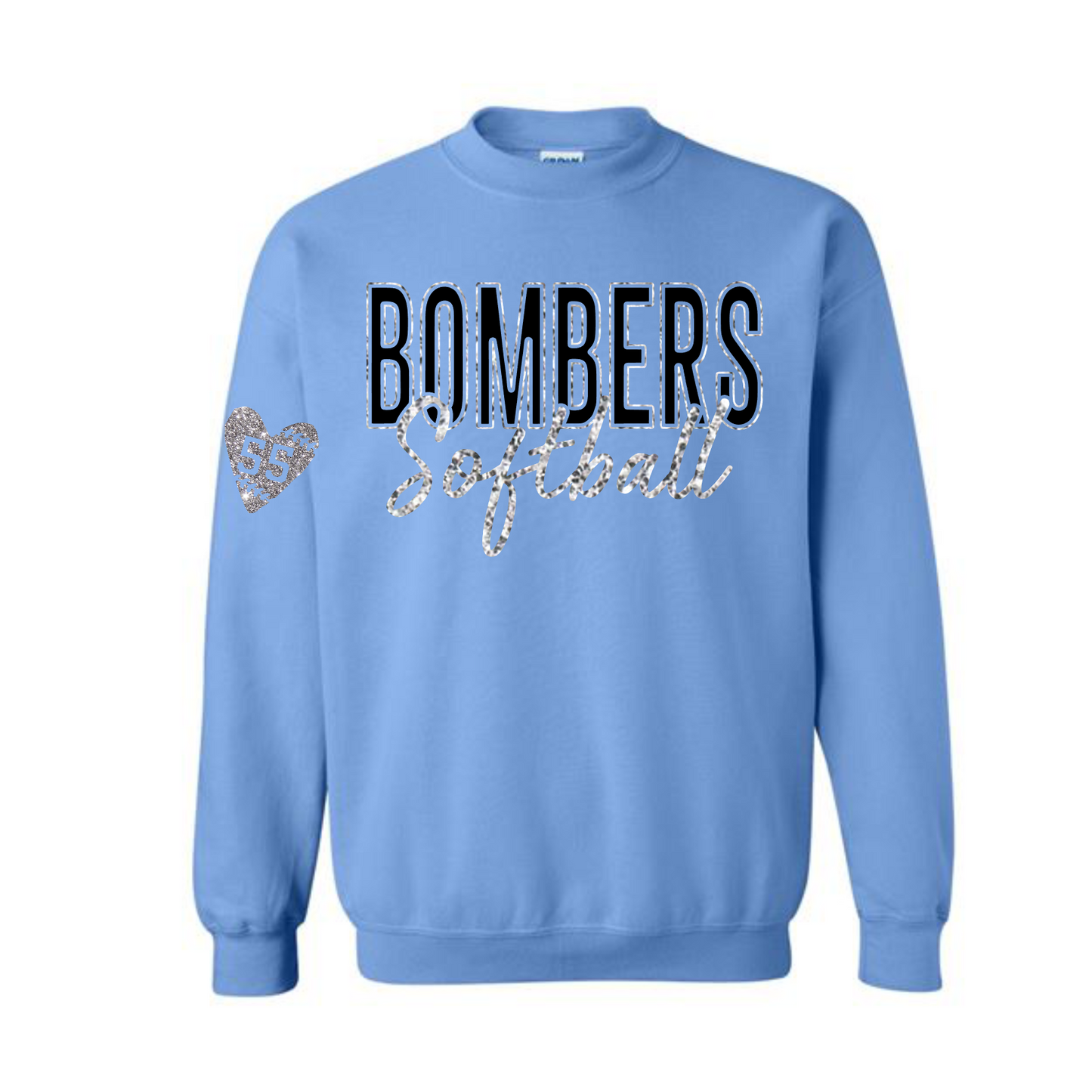 Blue Glitter Bombers Softball Crewneck Sweatshirt, Carolina Blue Bombers Sweatshirt