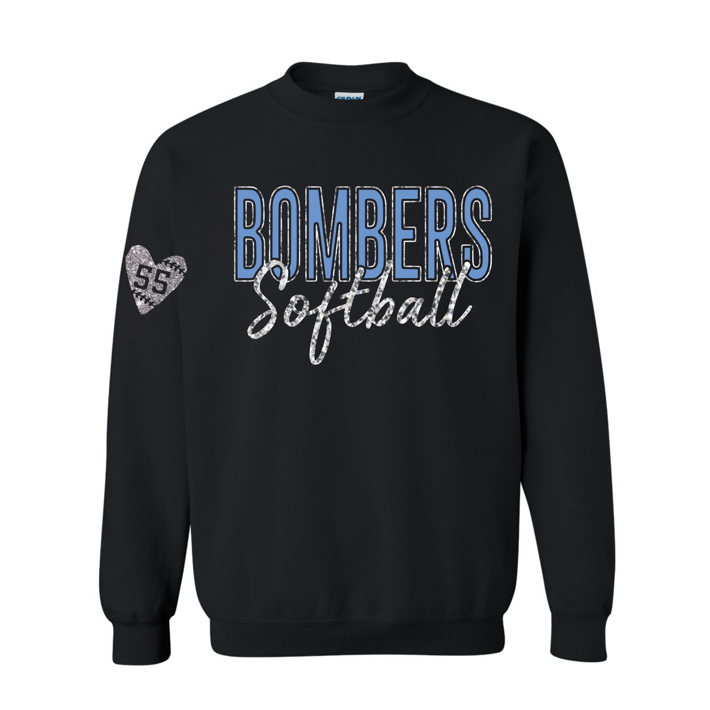 Black Glitter Bombers Softball Crewneck Sweatshirt, Black Bombers Sweatshirt