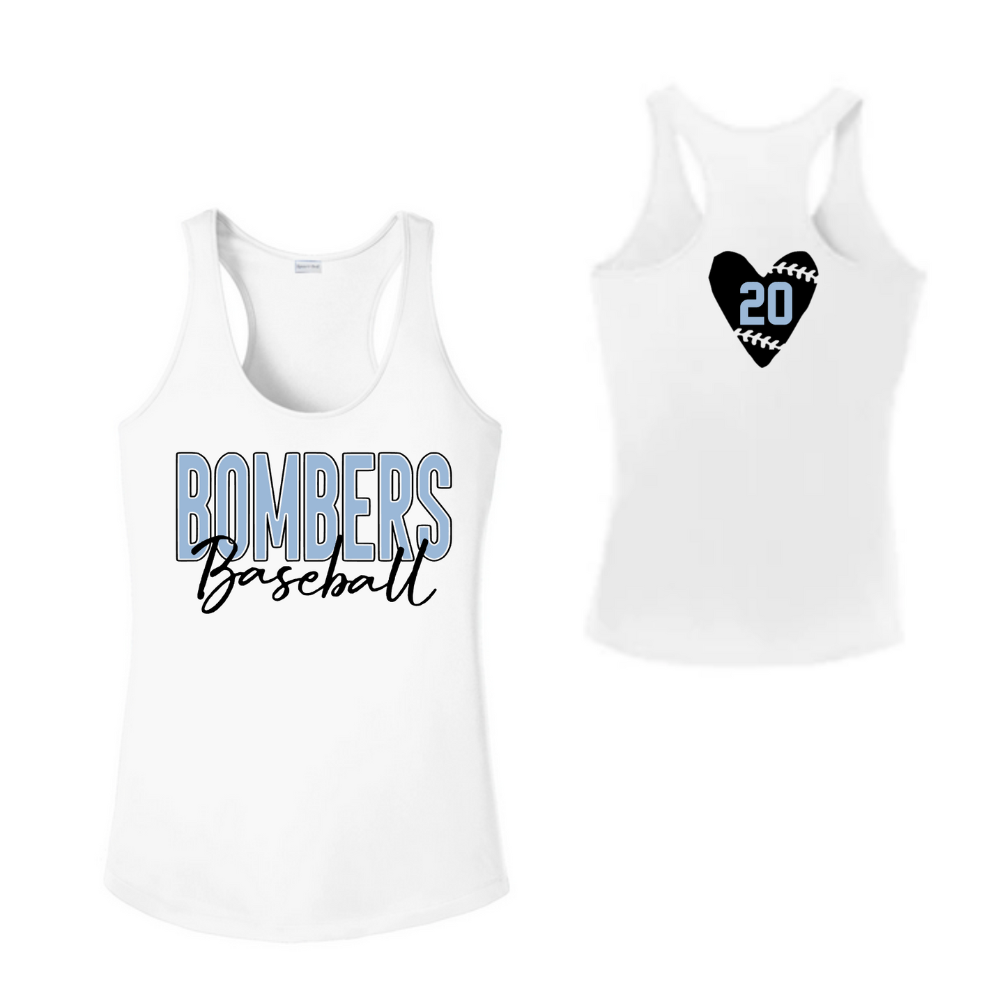 Bombers Baseball Racer Back Tank Top, Georgetown Bombers Tank Top, Bombers White Tank