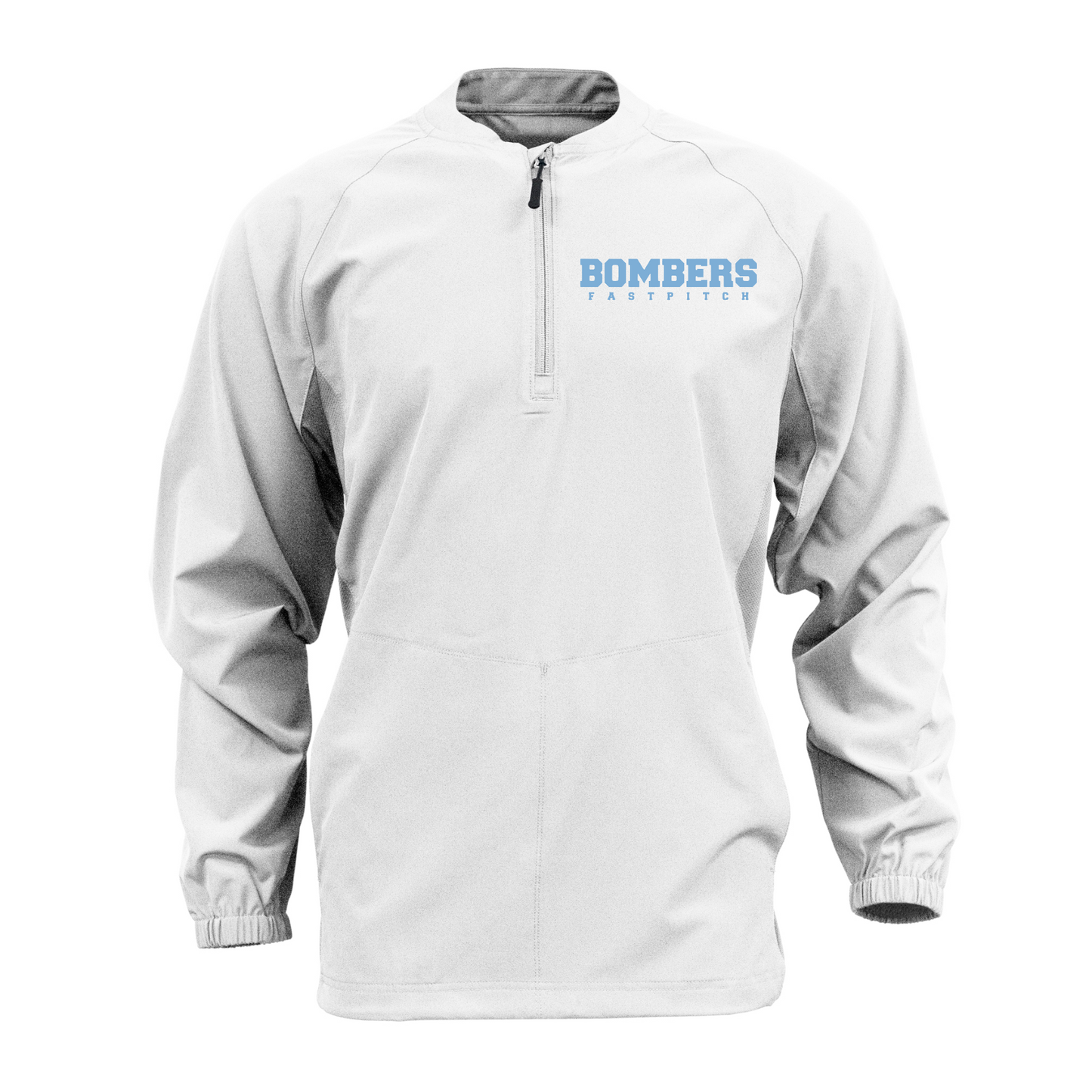 White Long Sleeve Cage Jacket – Bombers Fastpitch Logo | Team Warm-Up Jacket