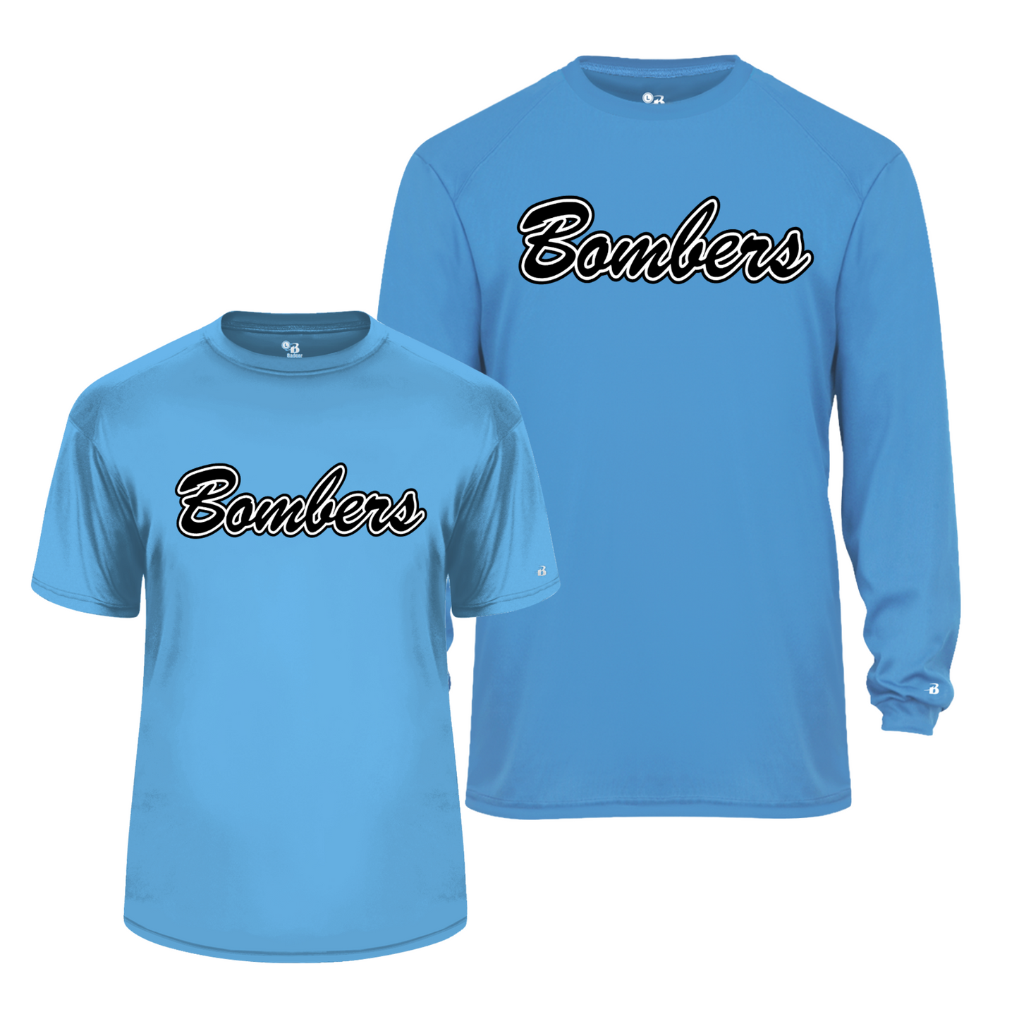 Two blue t-shirts, one with the text 'Bombers' printed on the front and the other showcasing the brand 'B-Core'.