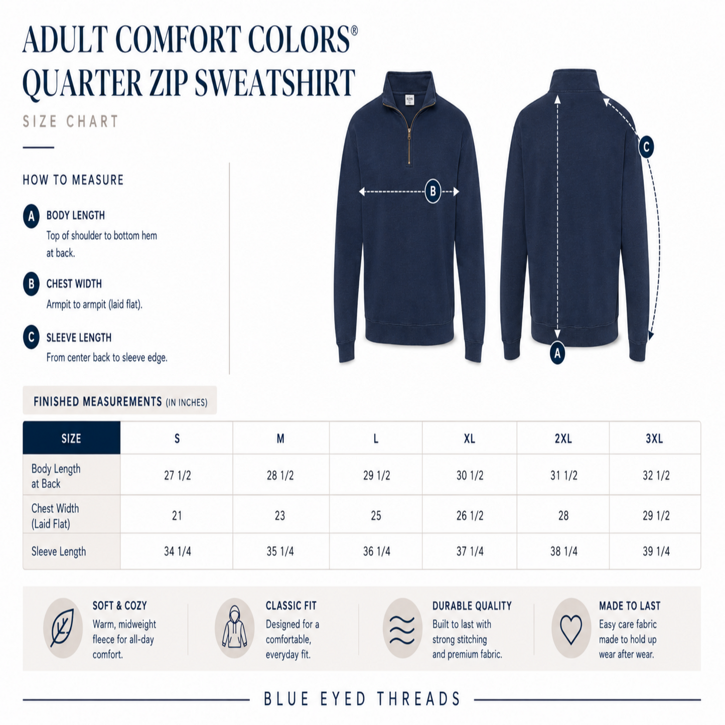 Size chart for quarter zip sweatshirt with measurements and Blue Eyed Threads branding.