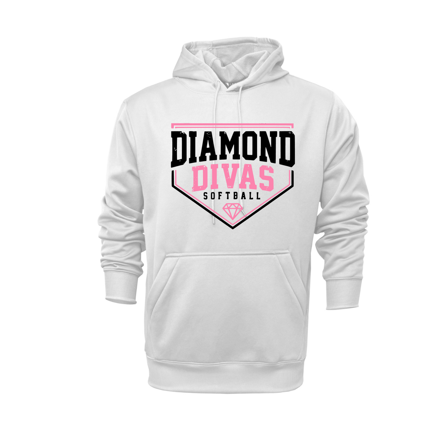 White Diamond Divas Softball pullover hoodie with large pink and black team design