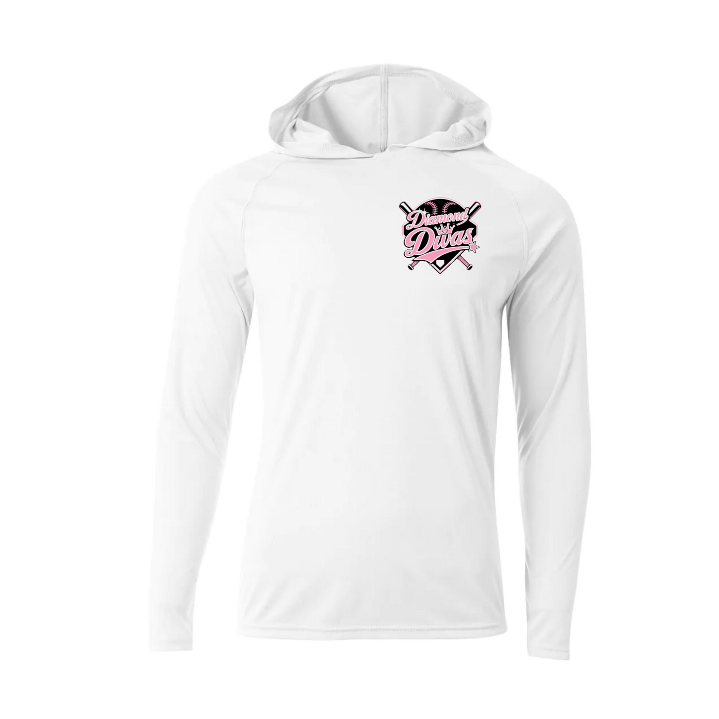White Diamond Divas Softball long sleeve performance hoodie with pink and black left chest team logo