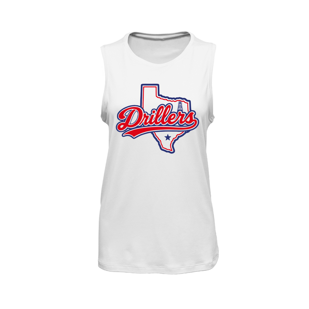 A white sleeveless tank top featuring a red and blue graphic of the state of Texas with the word 'Drillers' in red script across the front.