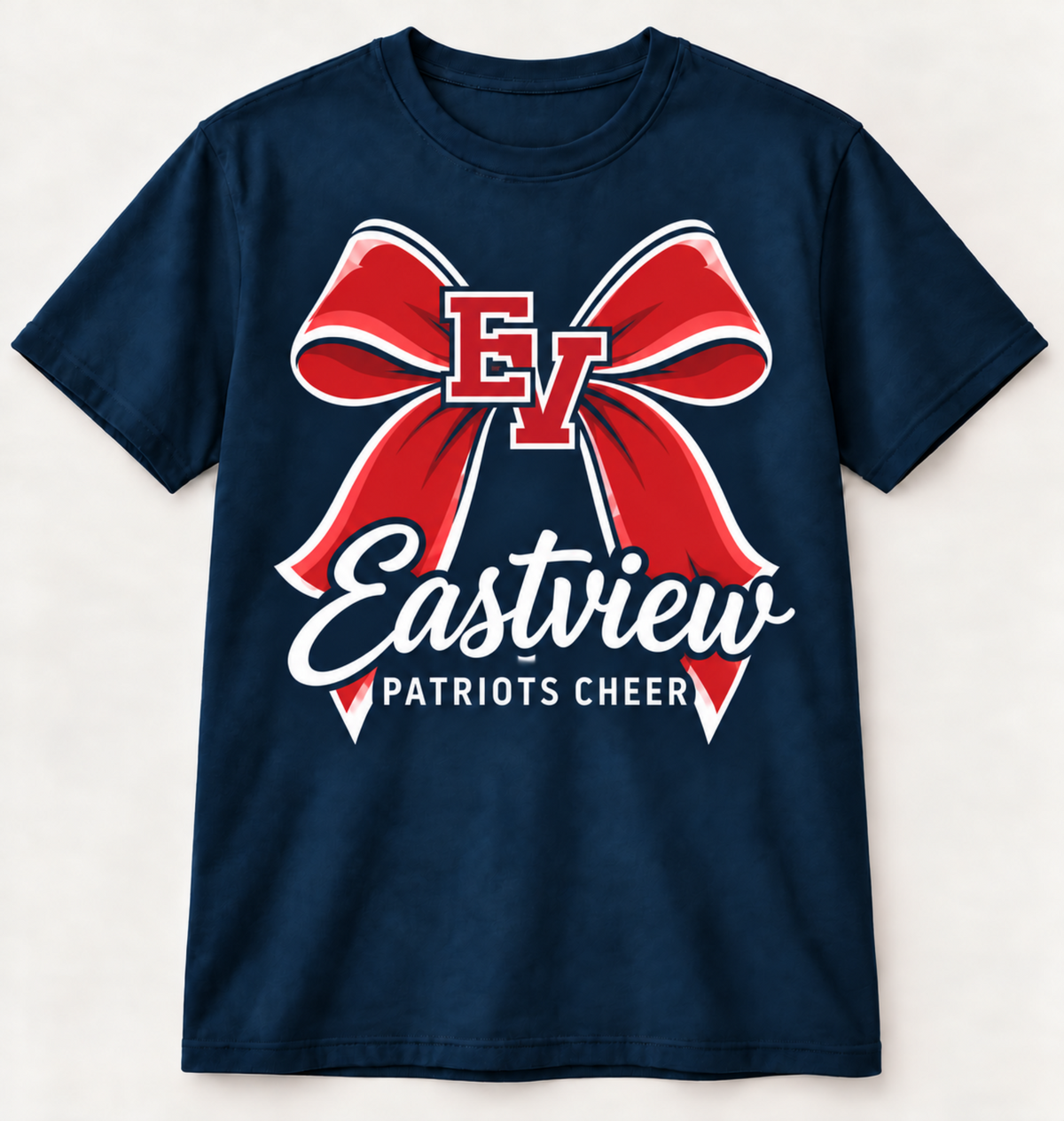 Navy East View Cheer bow tee with the supplied red EV logo centered on the bow