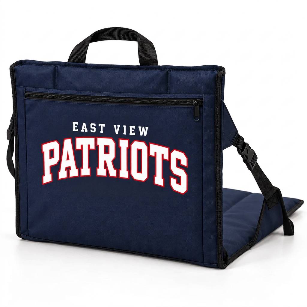 Navy Port Authority BG601 stadium seat with East View Patriots Cheer design on outside back pocket