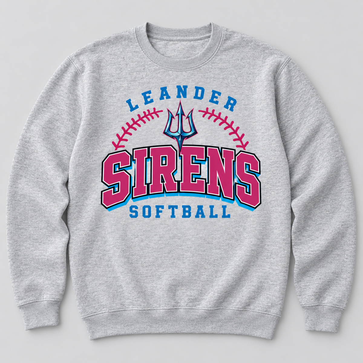 A heather gray crewneck sweatshirt featuring a 'Leander Sirens Softball' graphic on the front, with a blue trident and pink lettering, displayed on a neutral gray background.