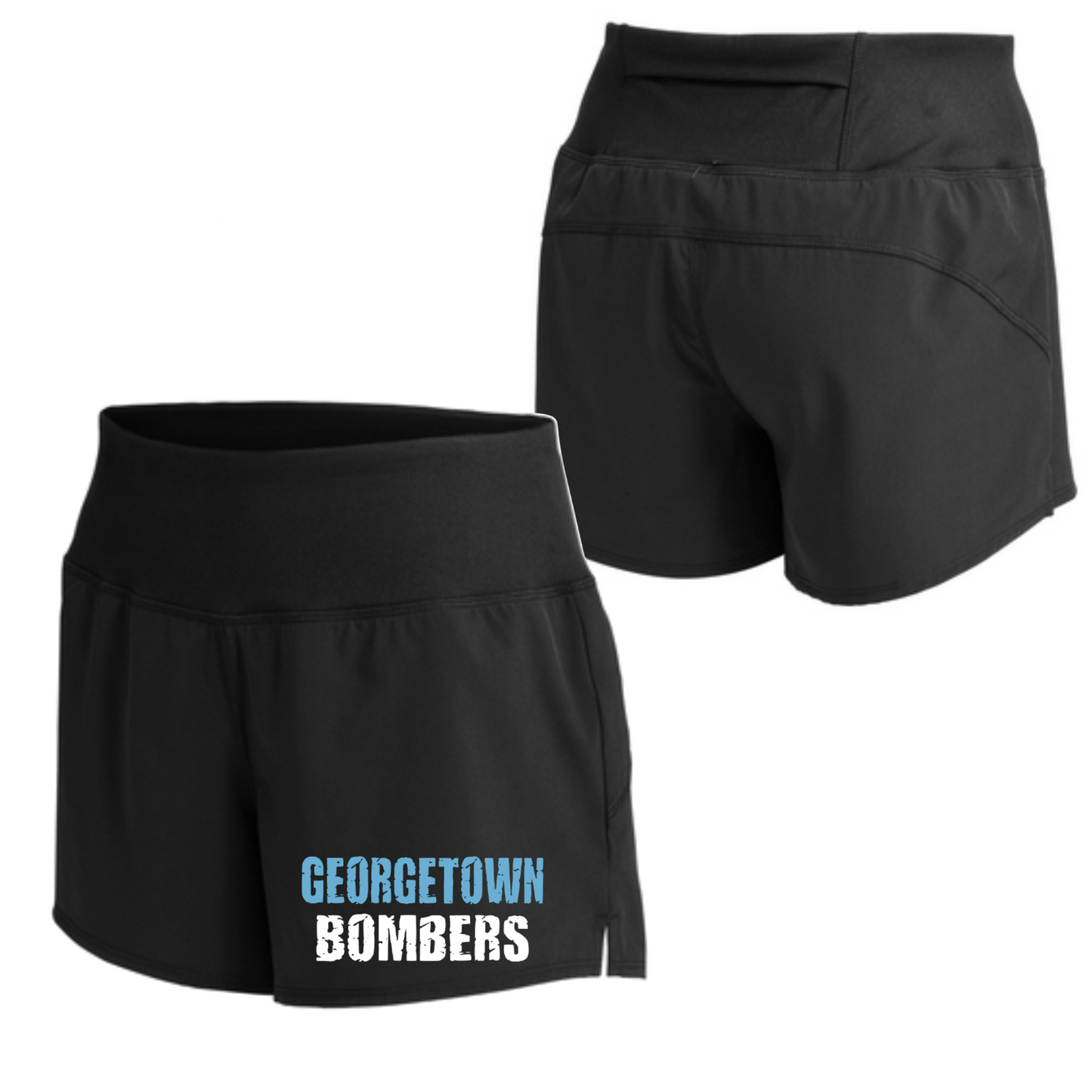 A pair of black women's running shorts with an exterior cell phone pocket and the text 'GEORGETOWN BOMBERS' printed on the left leg.