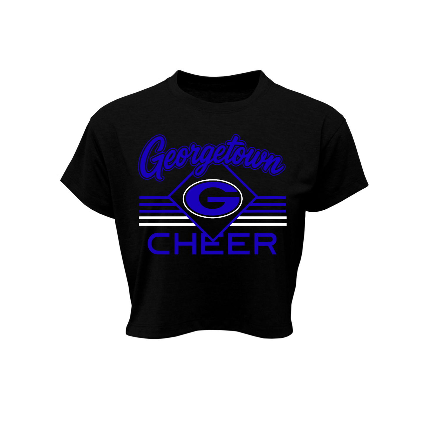 A black short-sleeve crop top t-shirt featuring a blue and white 'Georgetown Cheer' graphic on the front, displayed against a solid white background.