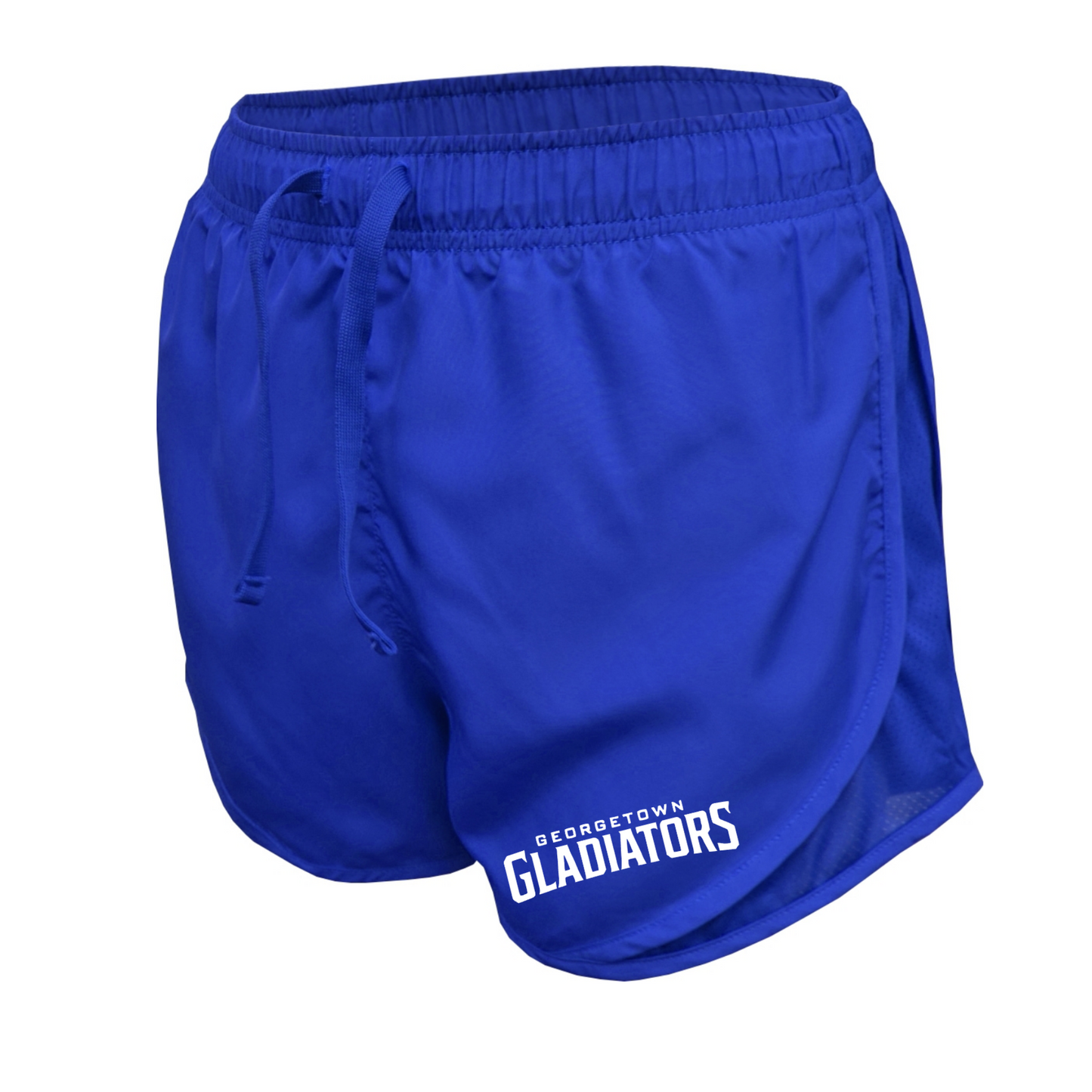 Georgetown Gladiators women’s royal blue athletic shorts with white team wordmark on lower leg