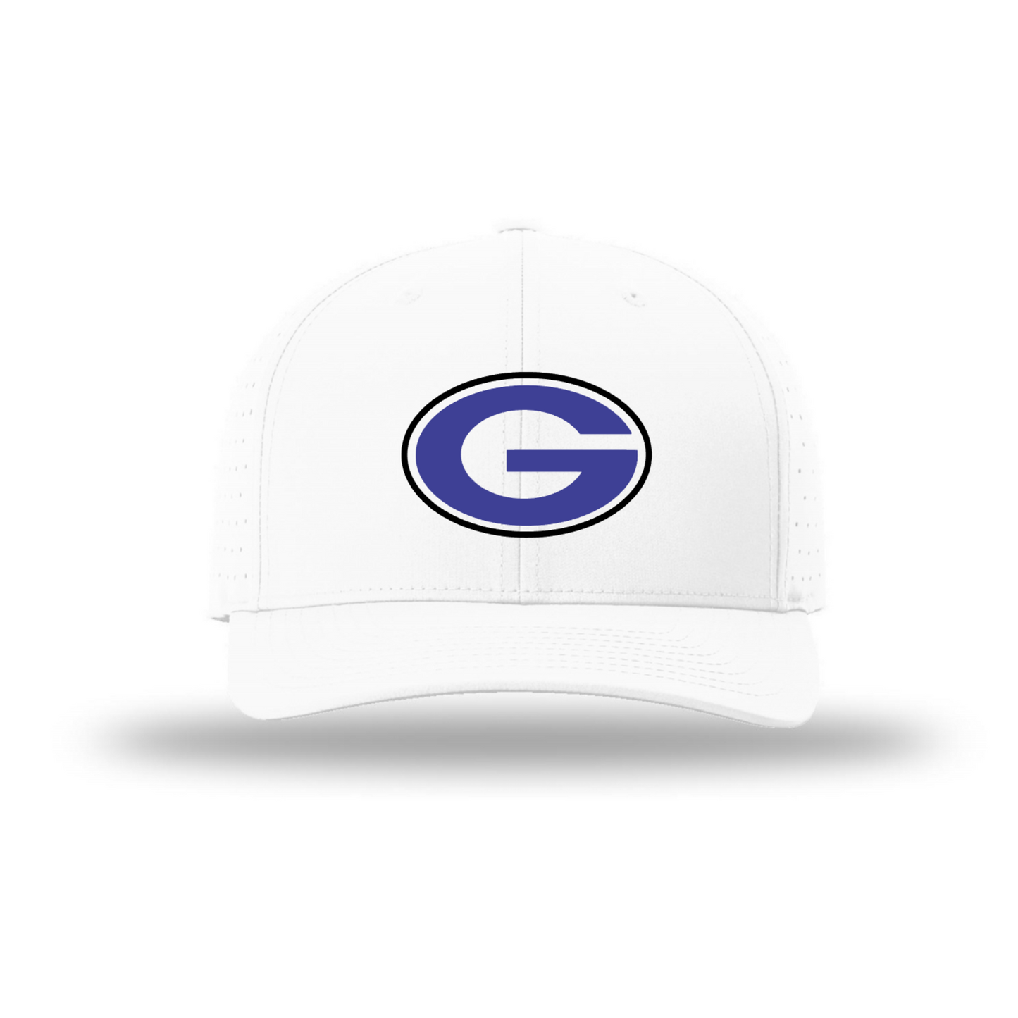 A white structured baseball cap featuring a blue and white oval 'G' logo on the front, set against a plain white background with a soft drop shadow.
