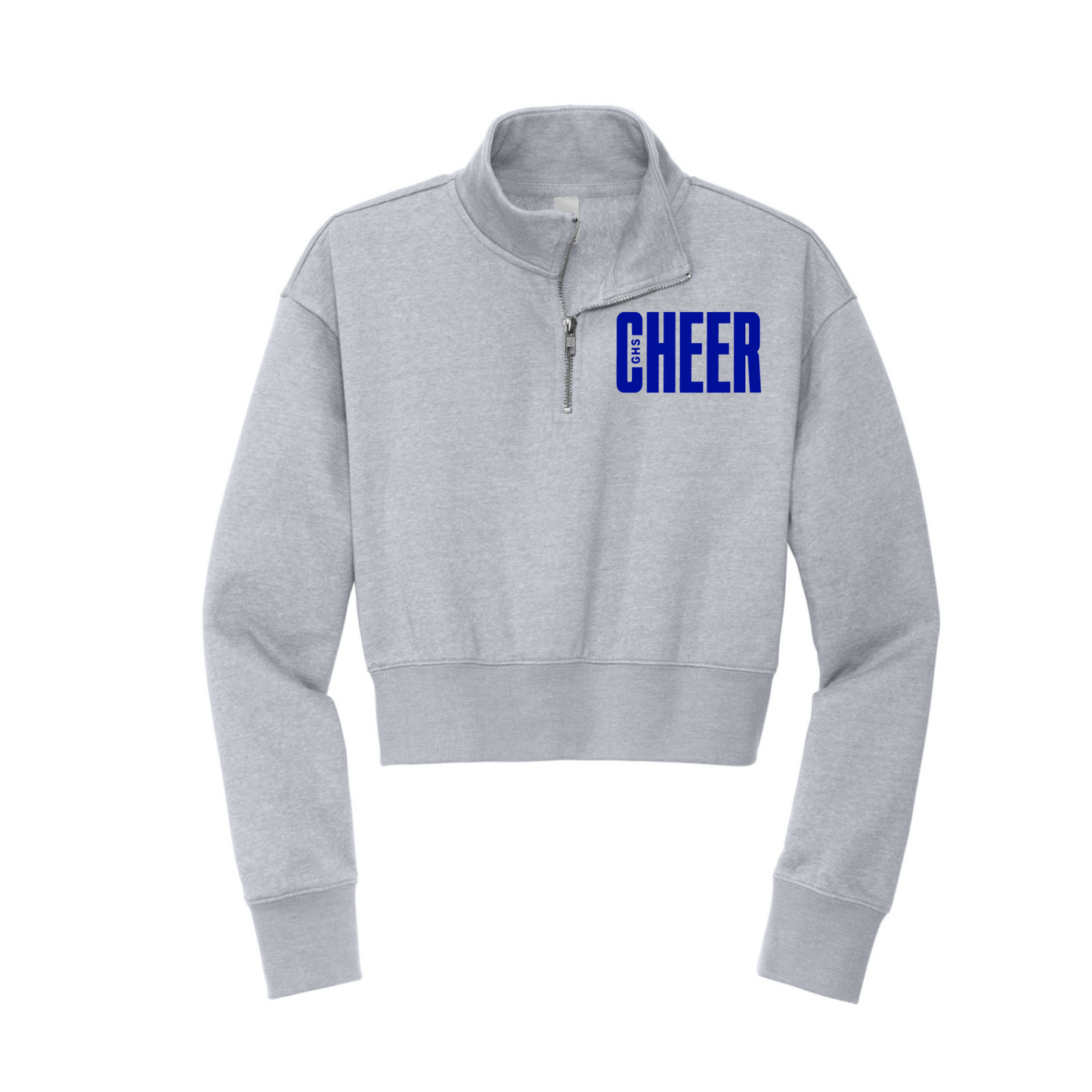 A light gray heather cropped quarter-zip sweatshirt with 'CHEER' printed in bold blue block letters across the chest, displayed on a clean white background.
