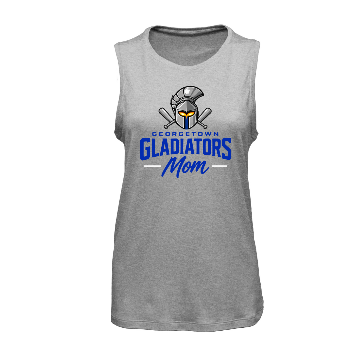 Georgetown Gladiators Mom gray muscle tank with blue Gladiators baseball graphic and helmet logo