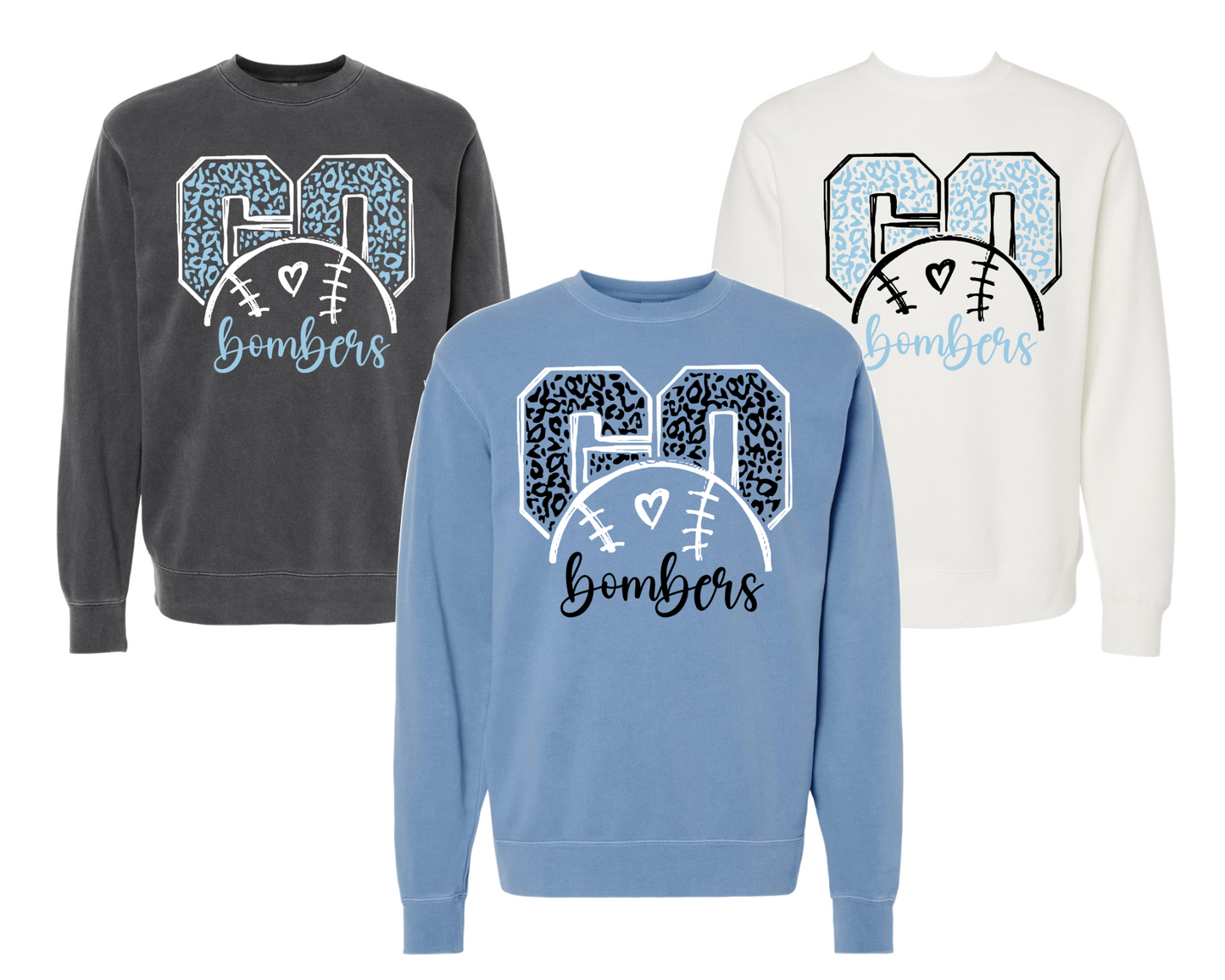 A collection of crewneck sweatshirts in black, white, blue, and gray, all featuring the text 'bombers' in a stylized font.
