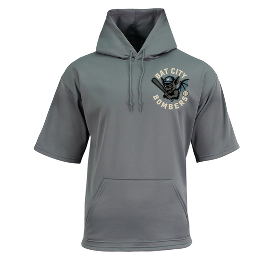 Short Sleeve Charcoal Bat City Bombers Hoodie, Bat City Baseball SS Sweatshirt, Charcoal Hoodie