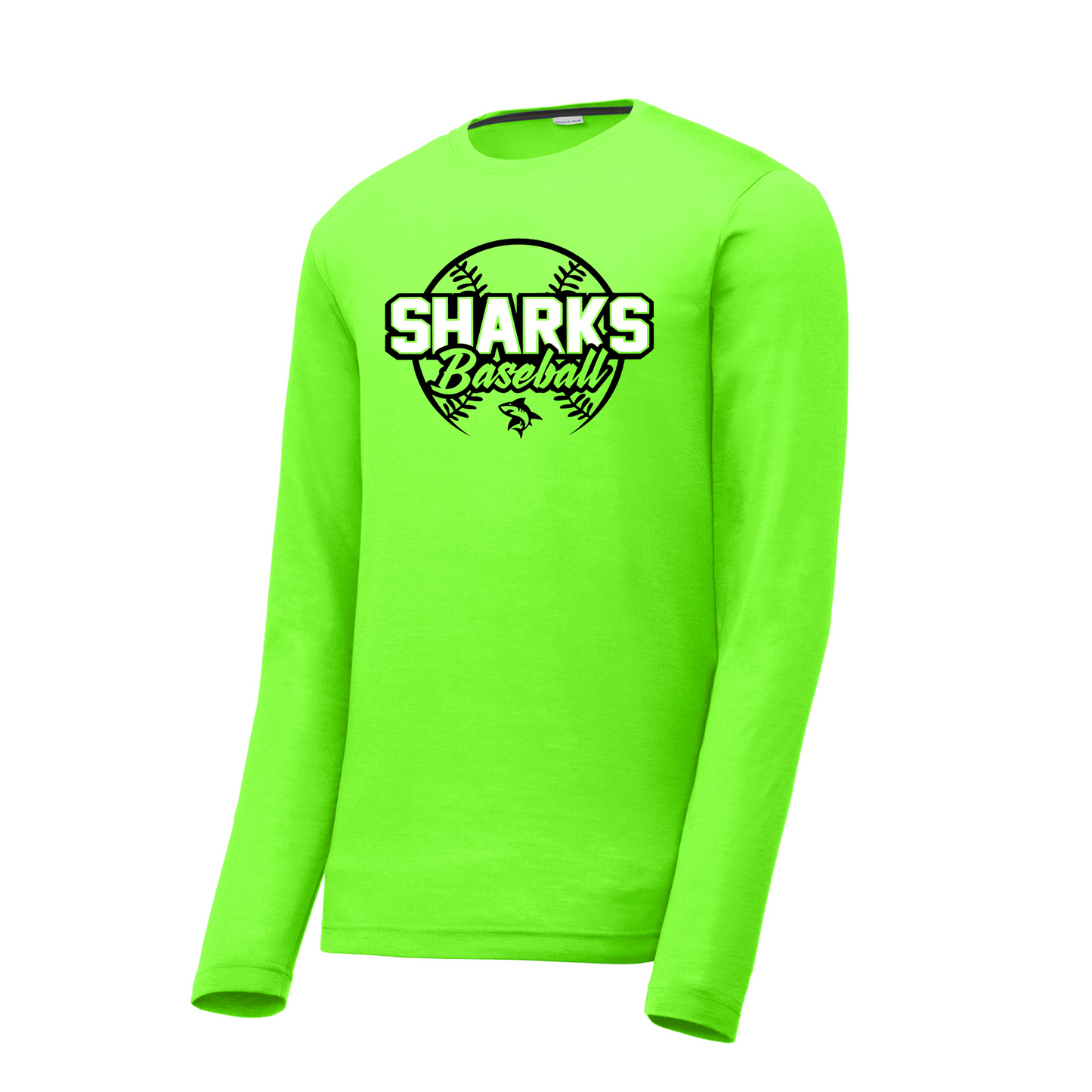 Neon Green Sharks Baseball Long Sleeve Tee, Sharks Baseball Tshirt, Sharks Spiritwear