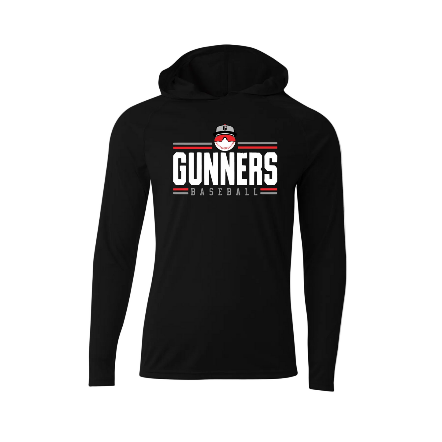 Black Gunners Baseball long sleeve hooded performance shirt with red white and gray team design
