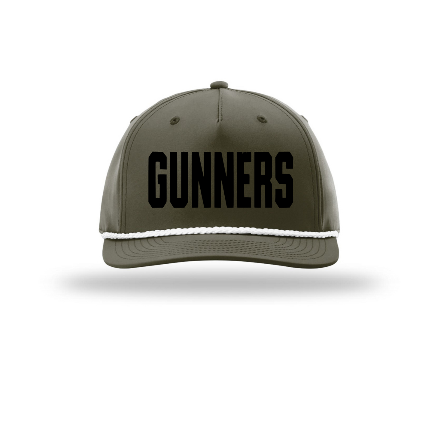 Gunners Baseball olive green rope hat with black GUNNERS lettering and white rope