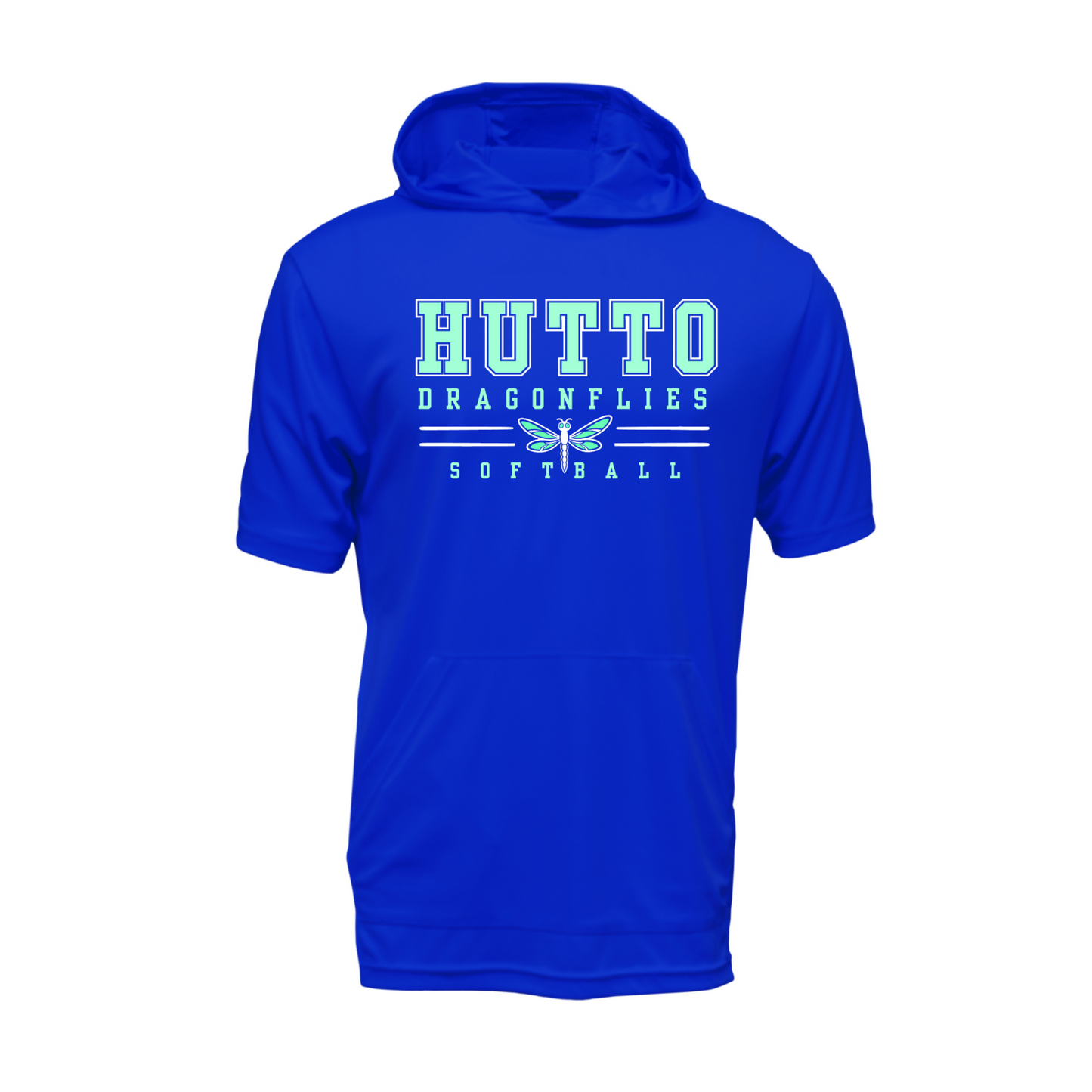 Royal blue Hutto Dragonflies Softball short sleeve performance hoodie with mint and white team design