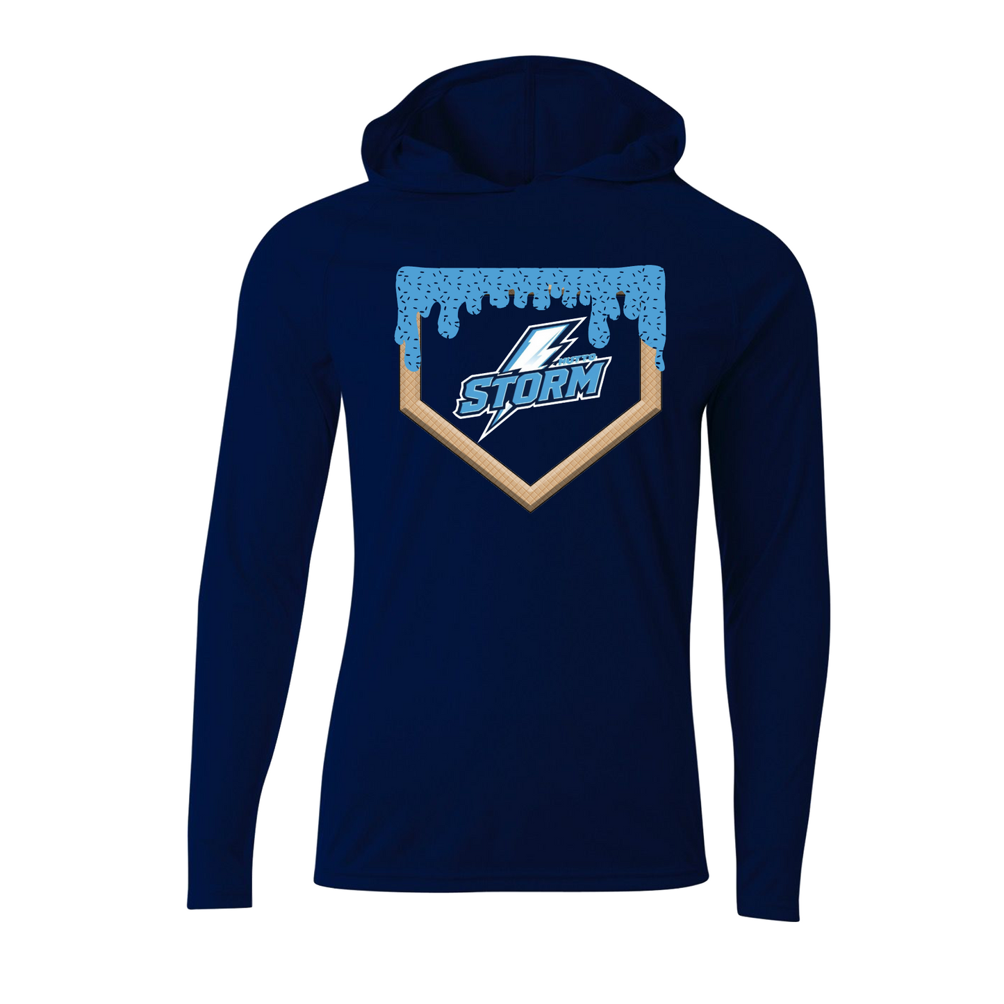 Navy Ice Cream Hooded Shirt, Hutto Storm Drip Tee, Long Sleeve Hooded Storm Baseball