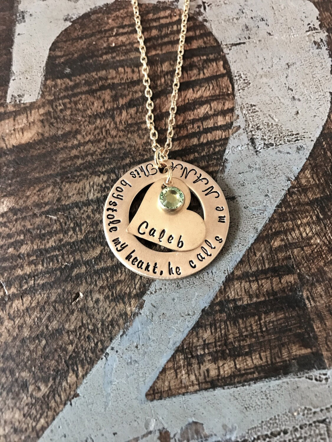 Gold Nana Necklace Theres this boy who stole my heart Handstamped Necklace Mothers Day Necklace Gift Grandma Jewelry Custom Necklace Heart