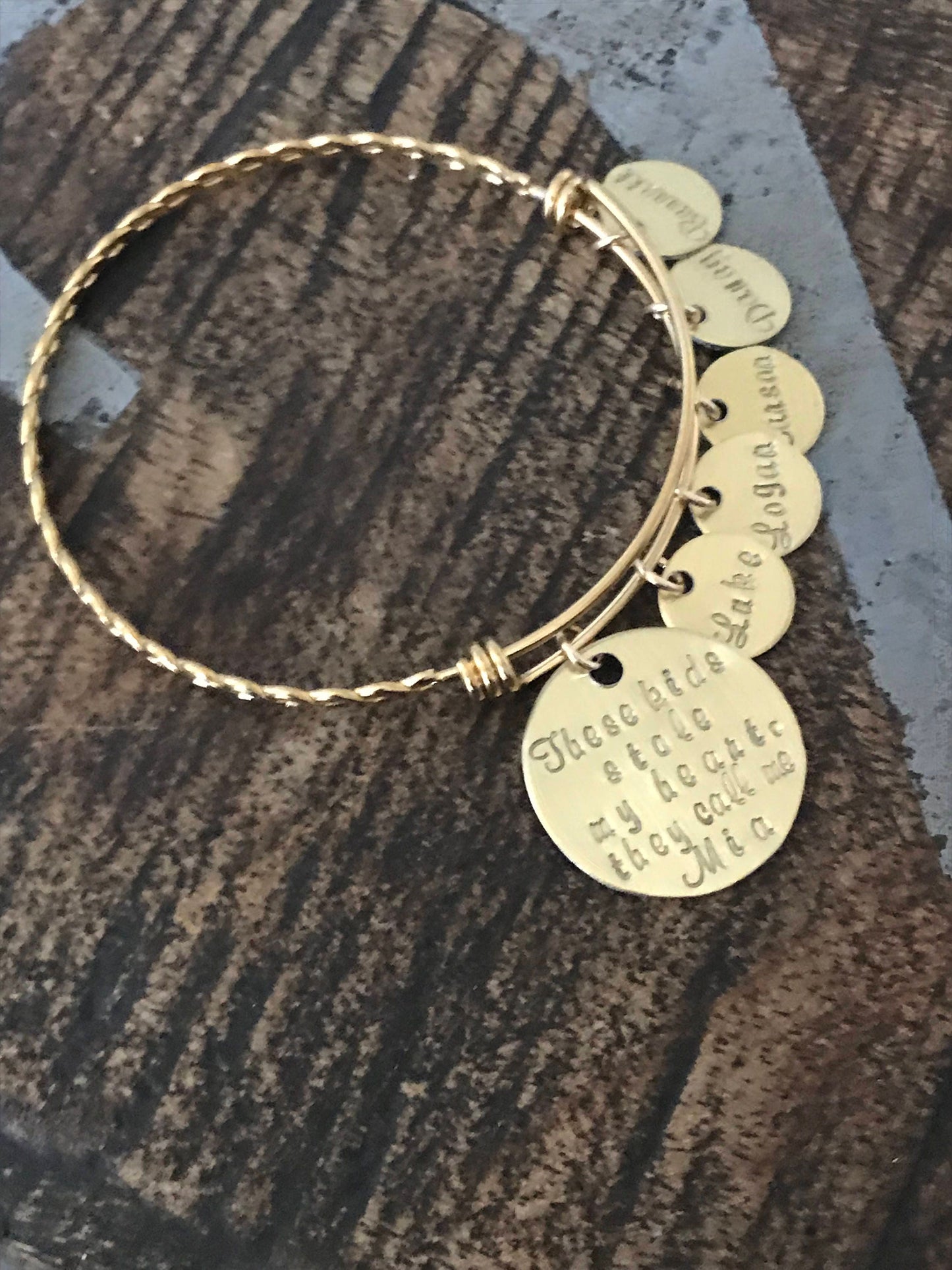 These kids stole my heart Gold Mom bangle Nana bangle Grandma bracelet Handstamped Jewelry Adjustable Bangle Name Bracelet Gift for Mom