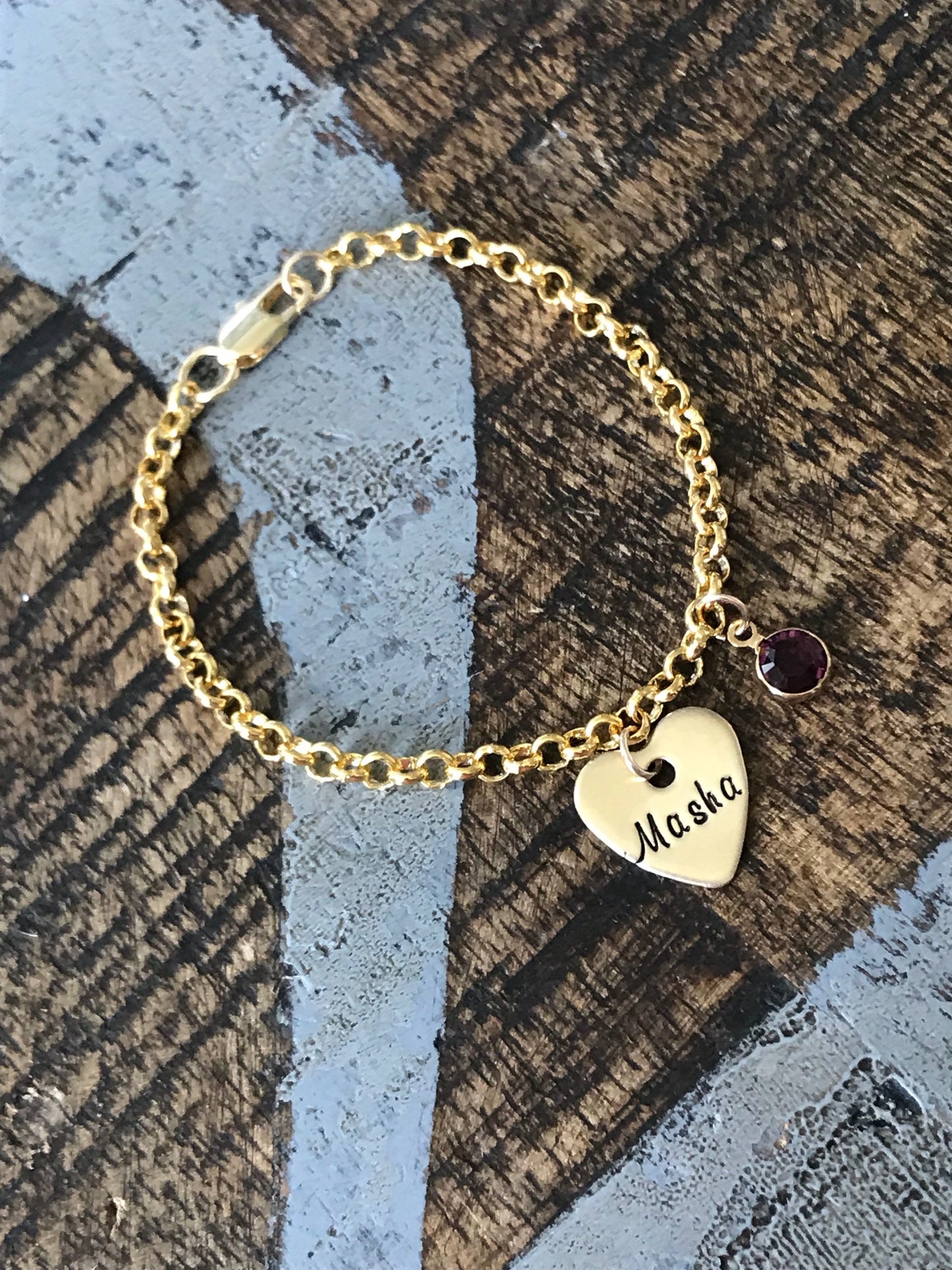 Gold Girls Charm Bracelet Handstamped Bracelet Heart Bracelet Personalized Bracelet Charm Bracelet Bracelet for Girl Birthstone Jewelry