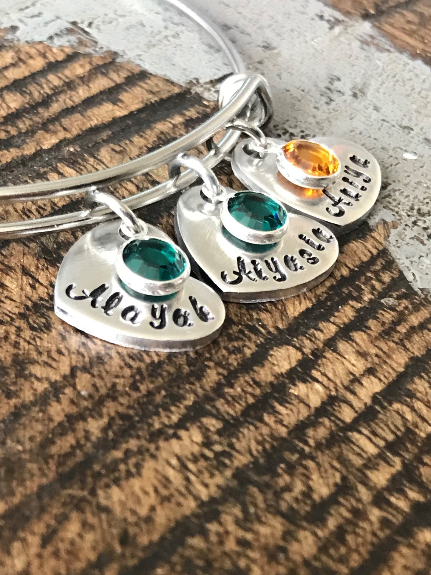 Personalized Heart Charm Bangle Grandma Bangle Grandchild Bracelet Handstamped Jewelry Mom Charm Bracelet Grandma Gift Mothers Day Gift