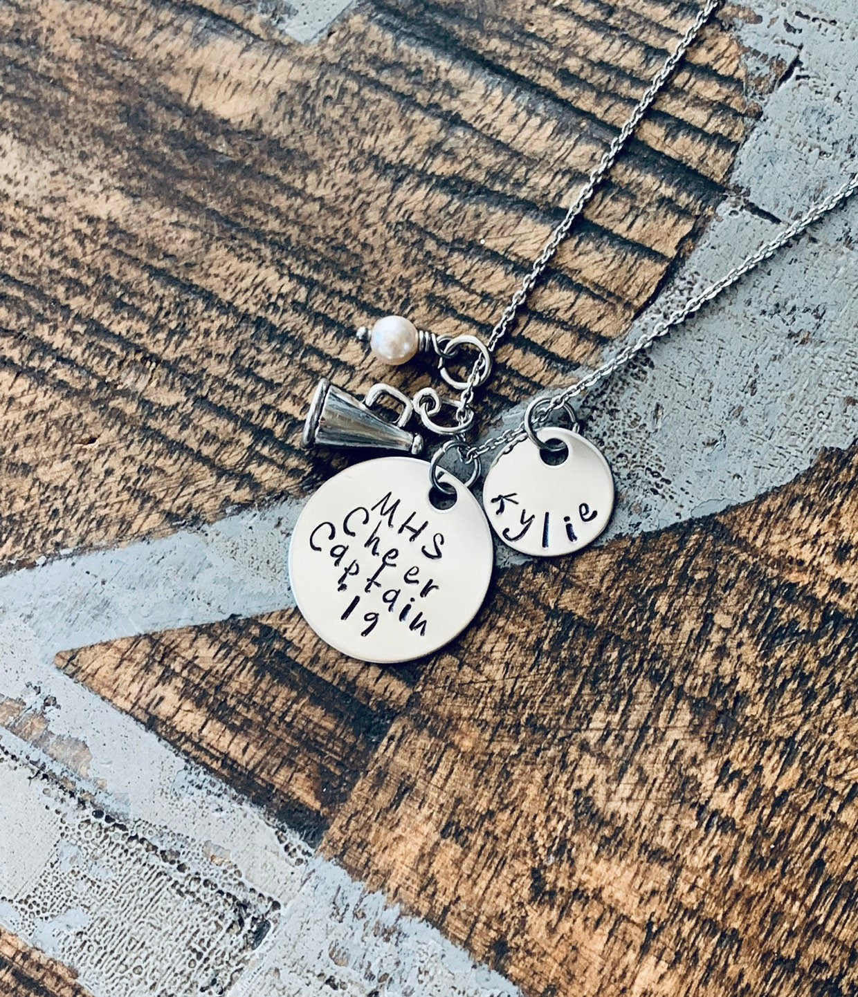 Cheerleader Necklace Varsity Cheerleader Handstamped Cheerleading Necklace Gift for Cheerleader Megaphone Necklace Custom Necklace