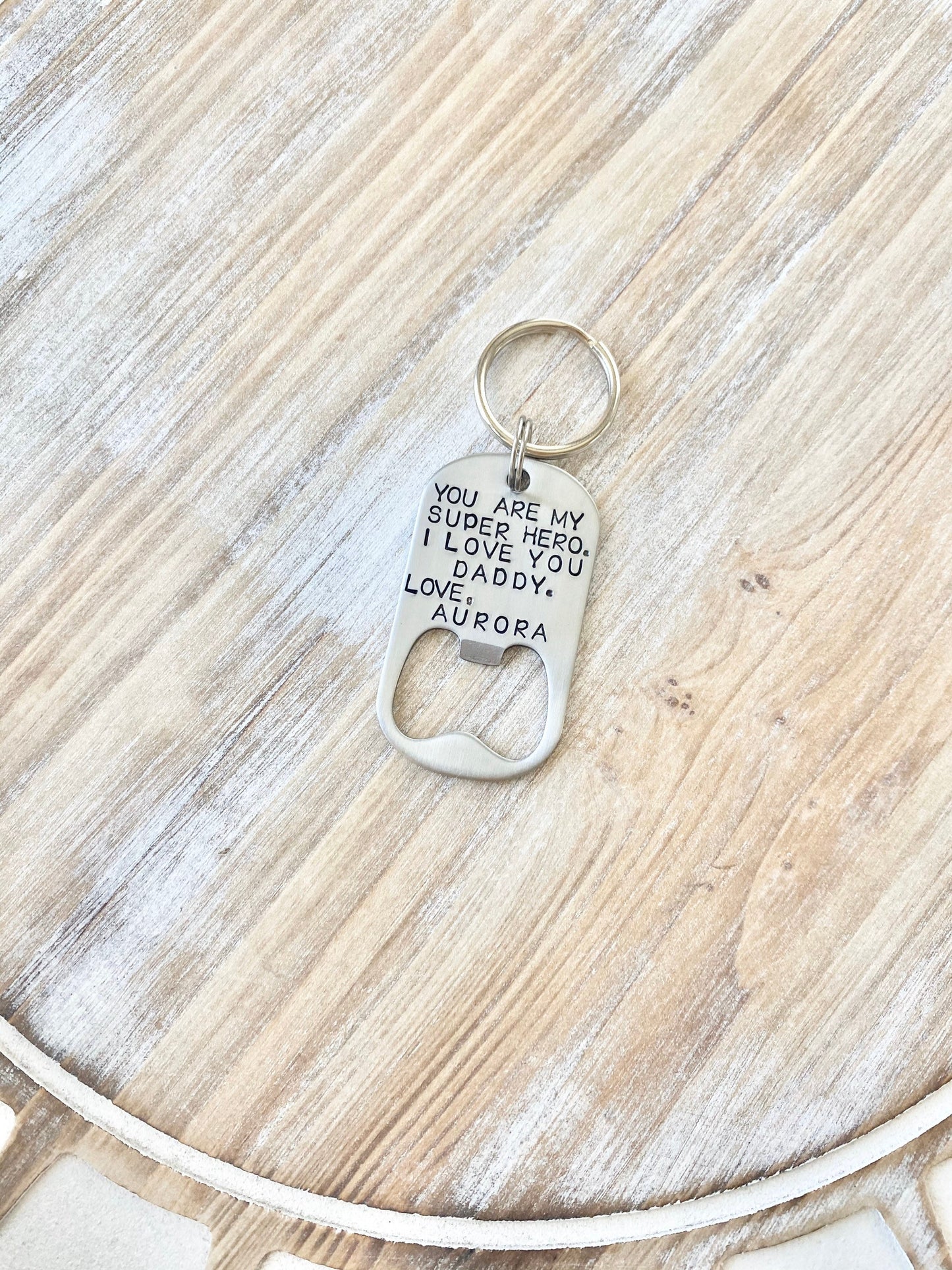 Bottle Opener Keychain Custom Keychain Handstamped Keychain Personalized Keychain New Dad Gift Super Hero Keychain Guy Keychain