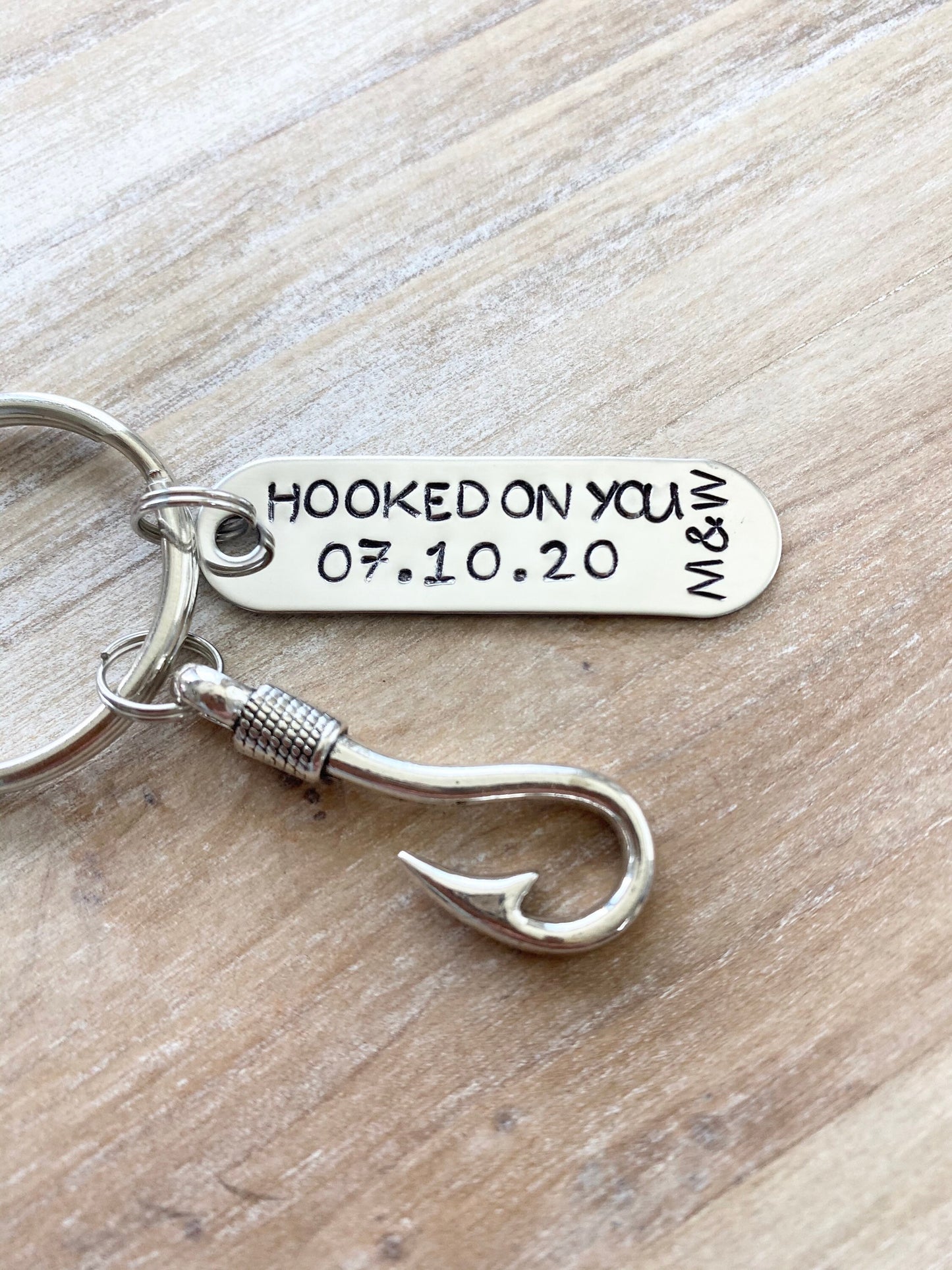 Hooked On You Keychain Couples Keychain Initials Keychain Anniversary Keychain Custom Hand Stamped Fishing Keychain Mens Anniversary Gift