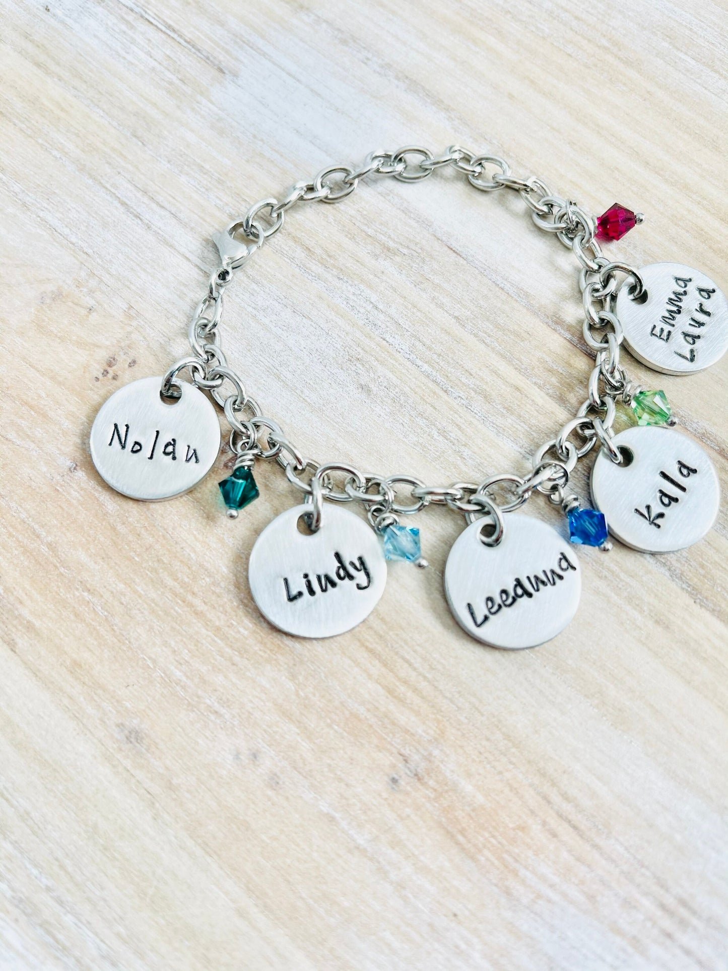 Personalized Charm Bracelet Grandma Bracelet Grandchild Bracelet Handstamped Jewelry Birthstone Jewelry Mom Charm Bracelet Grandma Gift