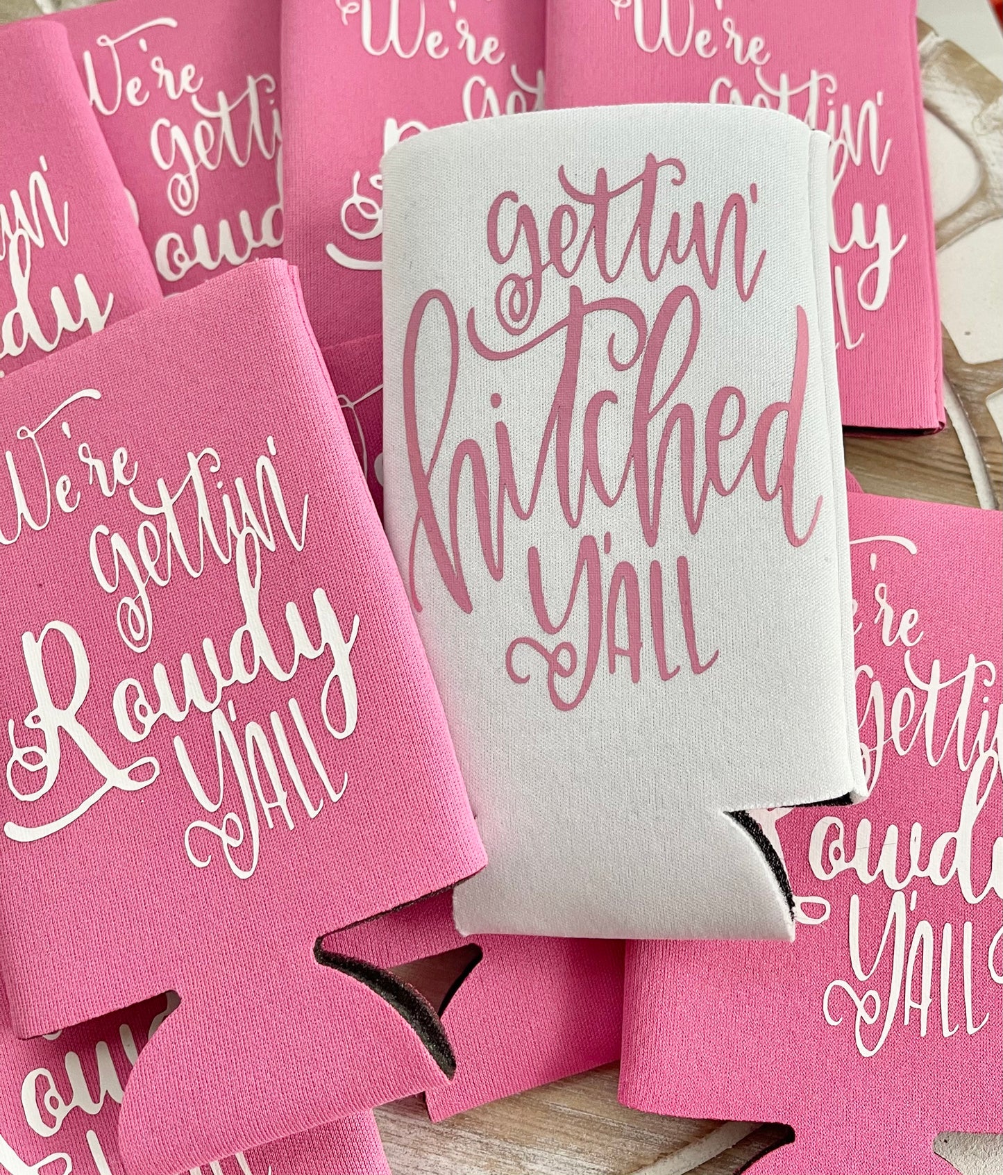 Personalized Country Bachelorette Skinny Can Cooler: Gettin' Hitched Favor