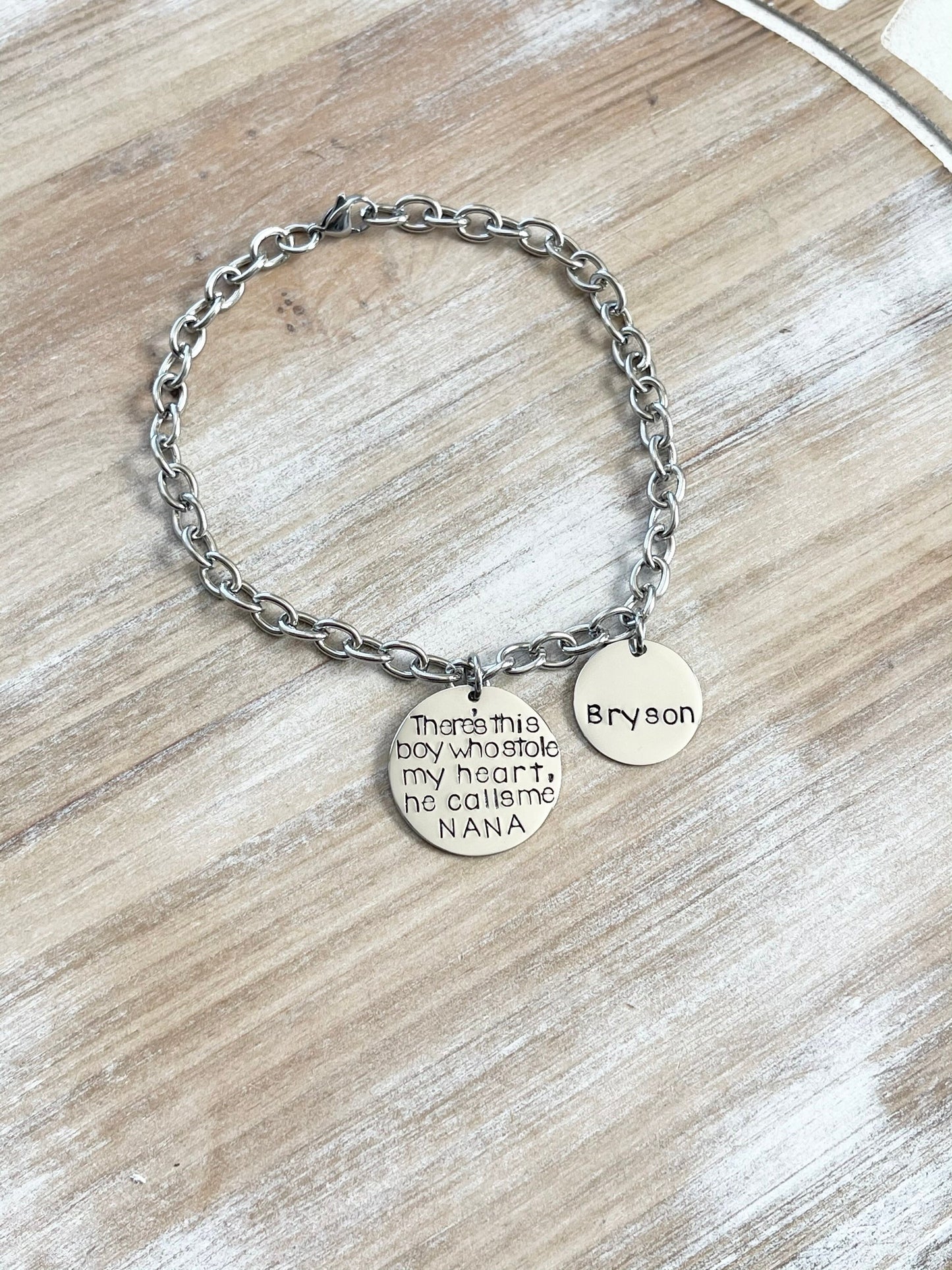 Nana Bracelet Theres this boy who stole my heart Handstamped Bracelet Personalize Jewelry Mothers Day Gift Grandma Jewelry Custom Bracelet