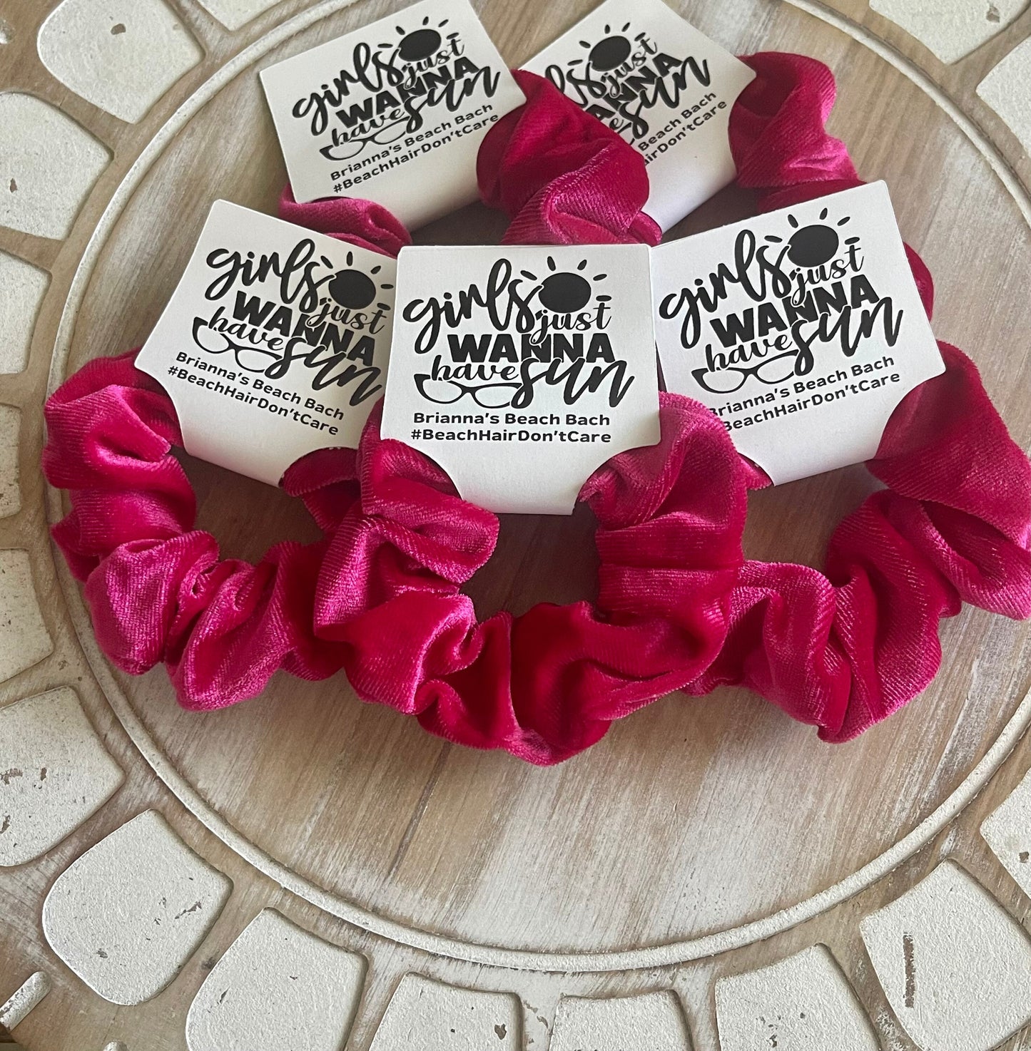 Beach Bachelorette Party Favors: Velvet Scrunchie Hair Tie with Custom Tag