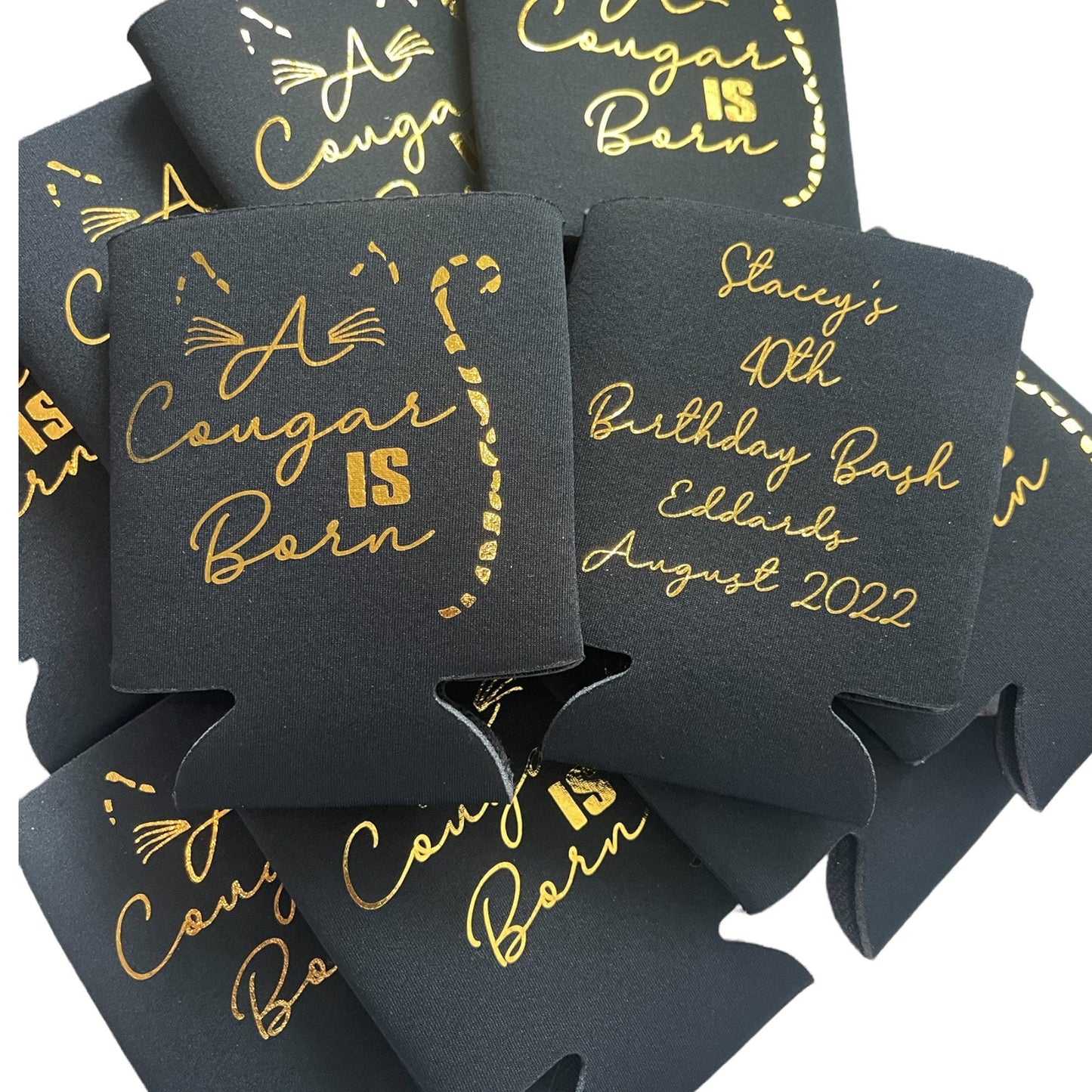 Personalized 'A Cougar is Born' Can Coolers: 40th Birthday Party Favors
