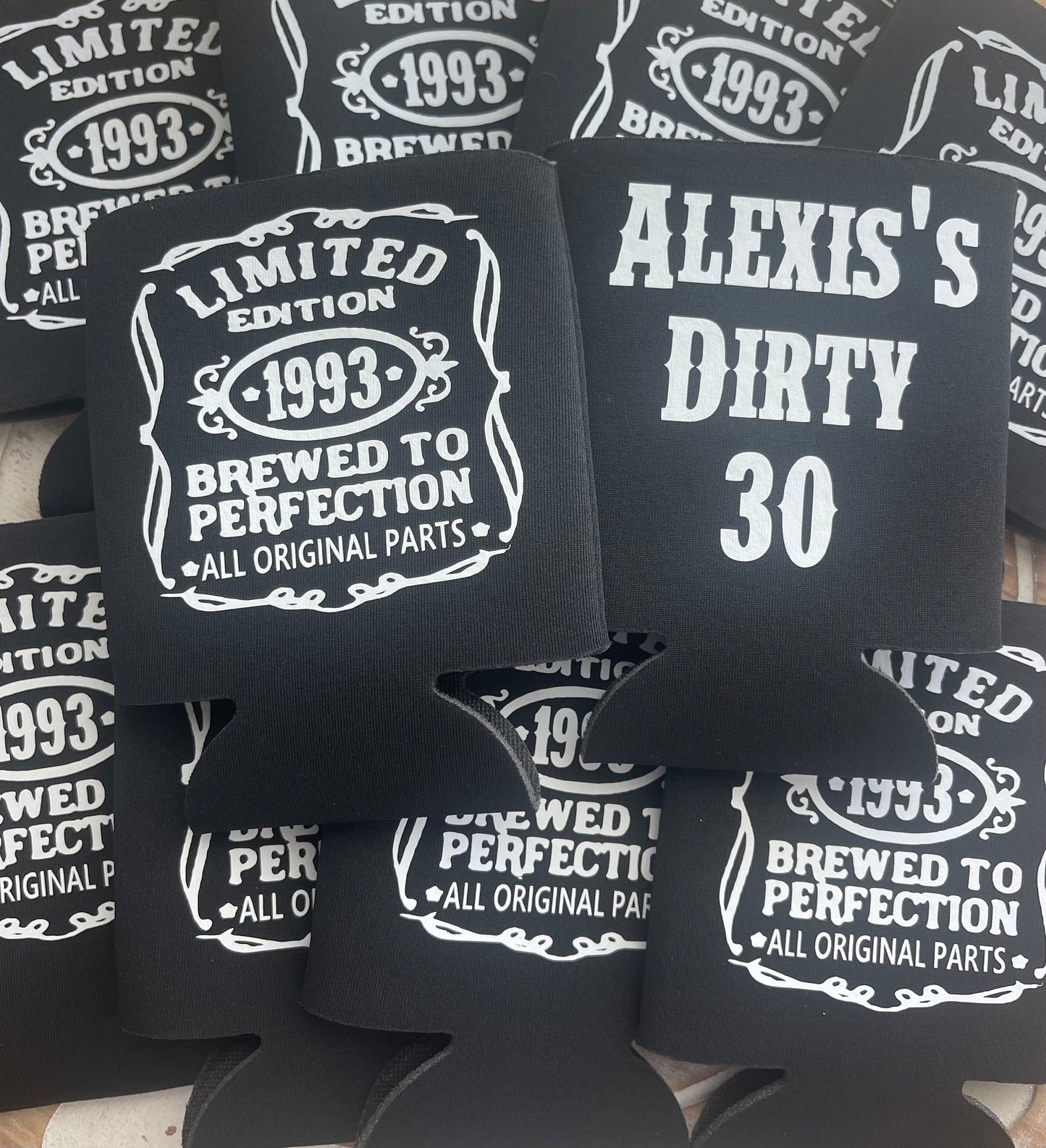 Personalized 30th Birthday Can Cooler: Whiskey Label Bachelor Party Favor