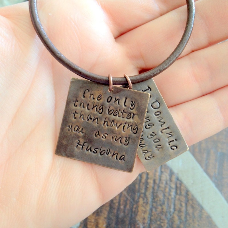 Mens Necklace Husband Necklace Handstamped Necklace Daddy Necklace Dad Jewelry Leather Necklace Natural Brass Necklace