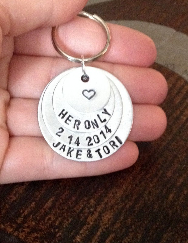 Her Only Keychain Handstamped Keychain Personalize Gift Gift for the Groom Wedding Gift Couples Keychain Anniversary Keychain Valentines Day