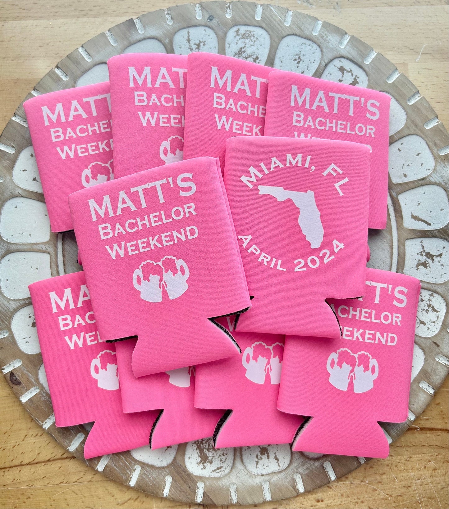 Bachelor Party koozies – Personalized Bachelor Weekend Can Coolers, Custom Name, City & Date, Fort Lauderdale / Florida Trip Favors