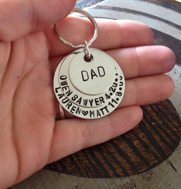 Dad Keychain Daddy Keychain Handstamped Keychain Personalized Keychain Layered Keychain Dad Fathers Day Name Keychain Gift for Dad
