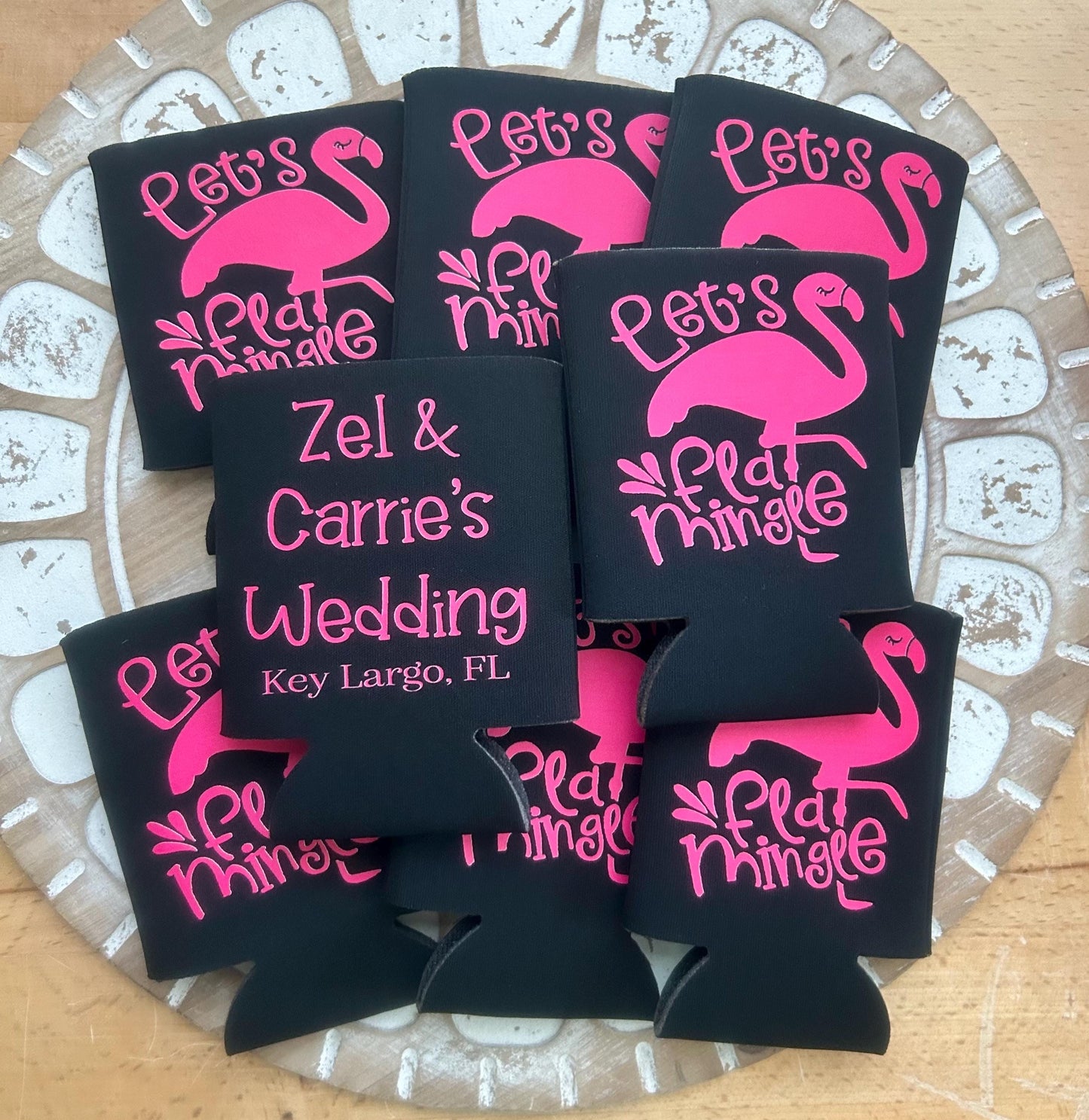 Let’s Flamingle Bachelorette koozies – Personalized Flamingo Can Coolers, Beach Bachelorette Party Favors, Custom Bride Tribe koozie