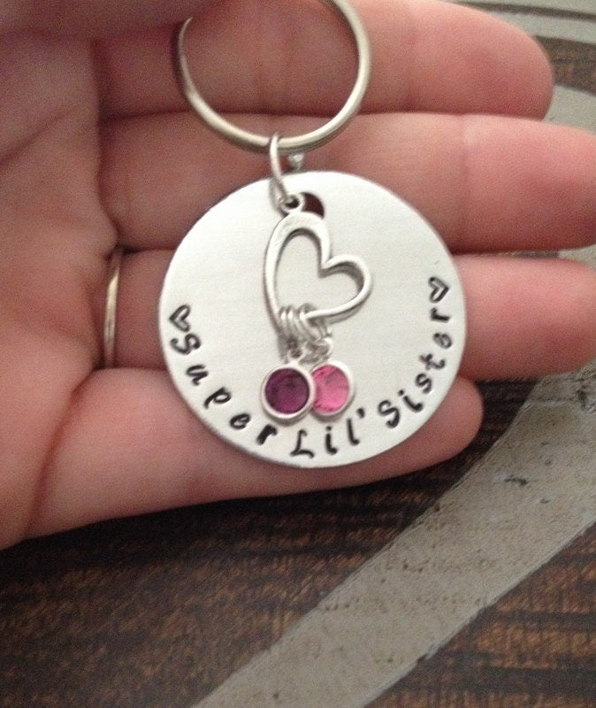 Super Lil Sister Keychain Handstamped Keychain Sisters By Chance Sister Gift Gift for Sister Personalized Keychain Heart Keychain Big Sister