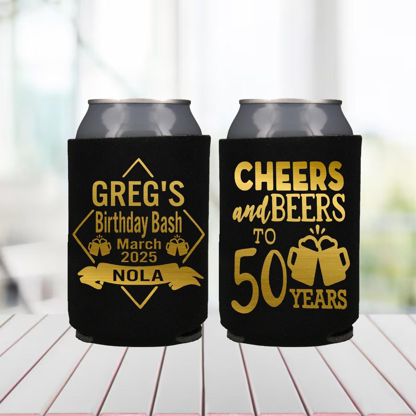 50th Birthday Can Coolers: Cheers and Beers Party Favors, Cheers to 50 years, 50th Birthday Favors, Custom Can Holders, 50th Party Man